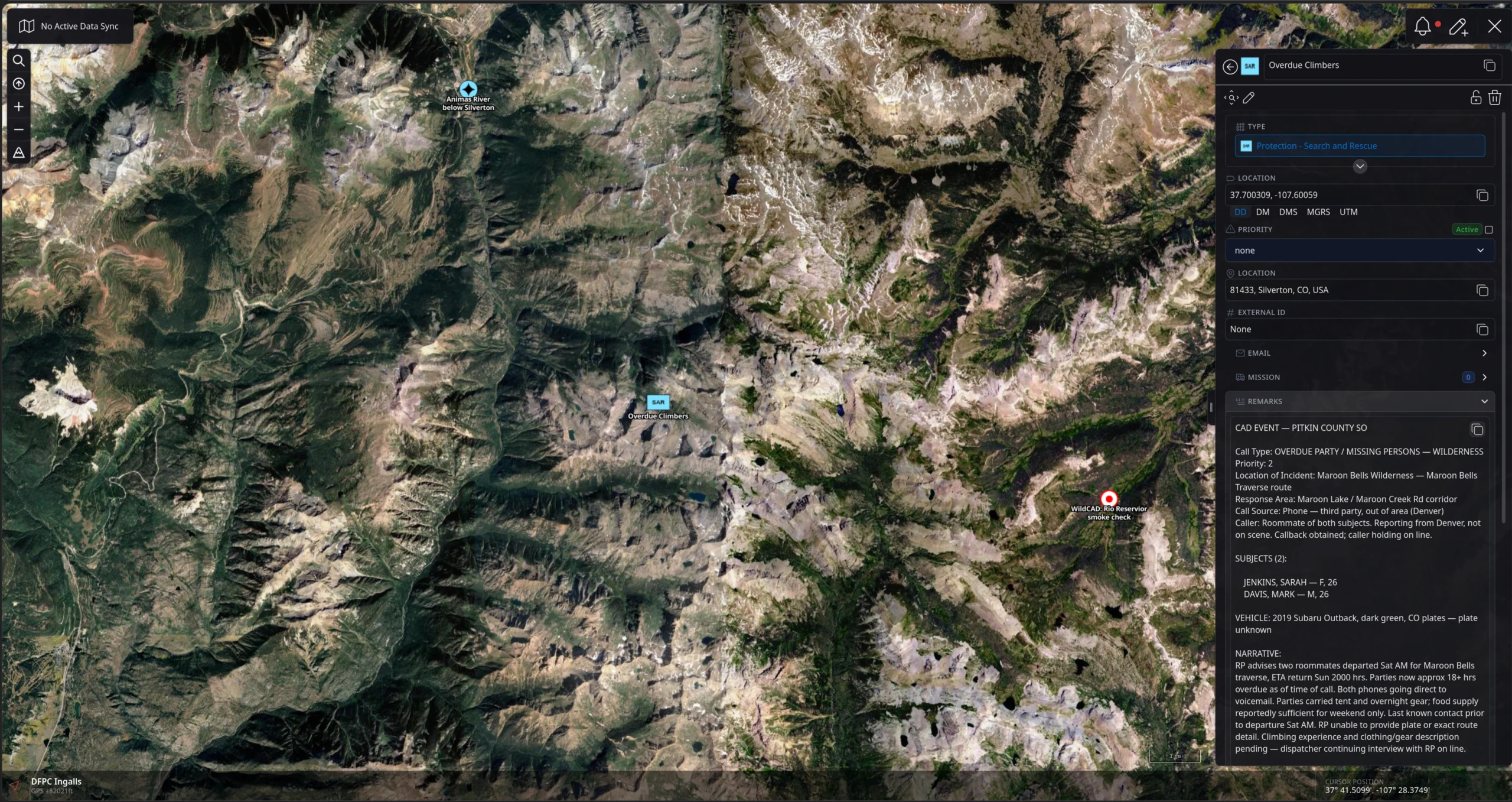 A CloudTAK event named Overdue Climbers rendered at its location in the Weminuche Wilderness, with the dispatcher's full CAD call notes in the event remarks.