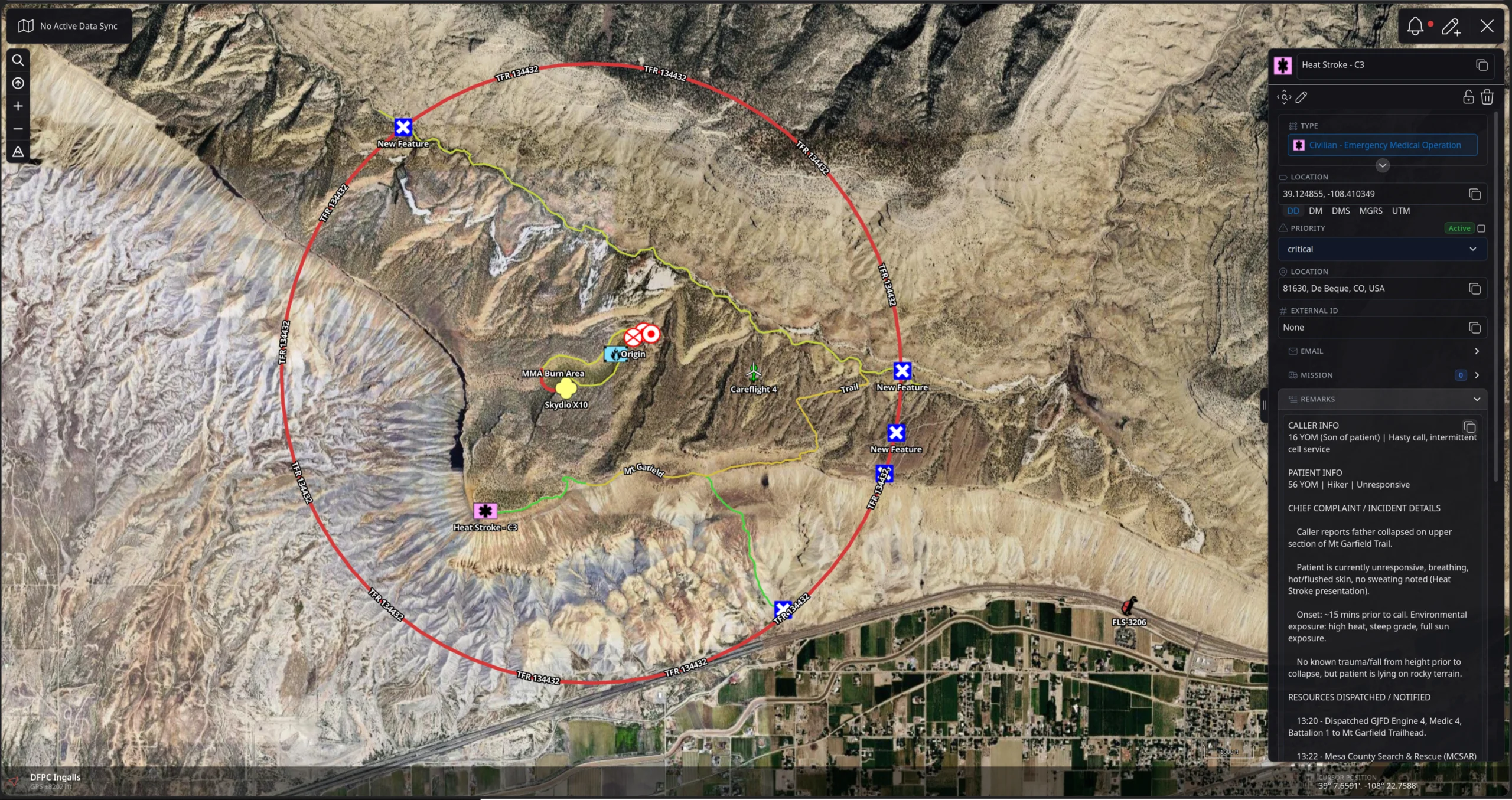The CloudTAK map interface showing responder icons, drawn features, and the main menu with Data Sync, Overlays, Contacts, Videos, Chats, and Routes.