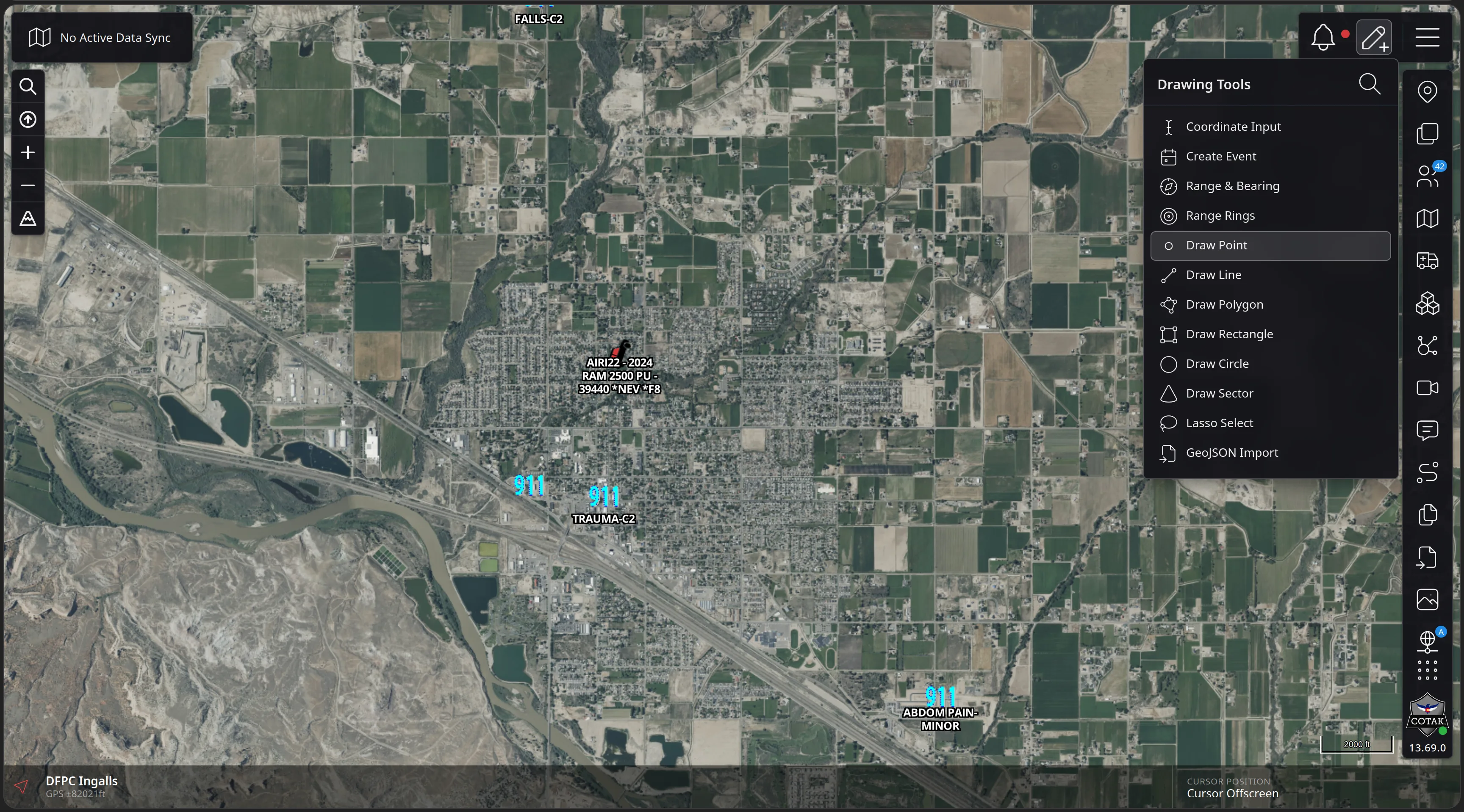 The CloudTAK map over Grand Junction with the Drawing Tools panel open on the right and Draw Point highlighted among Coordinate Input, Create Event, Range and Bearing, Range Rings and the draw tools.