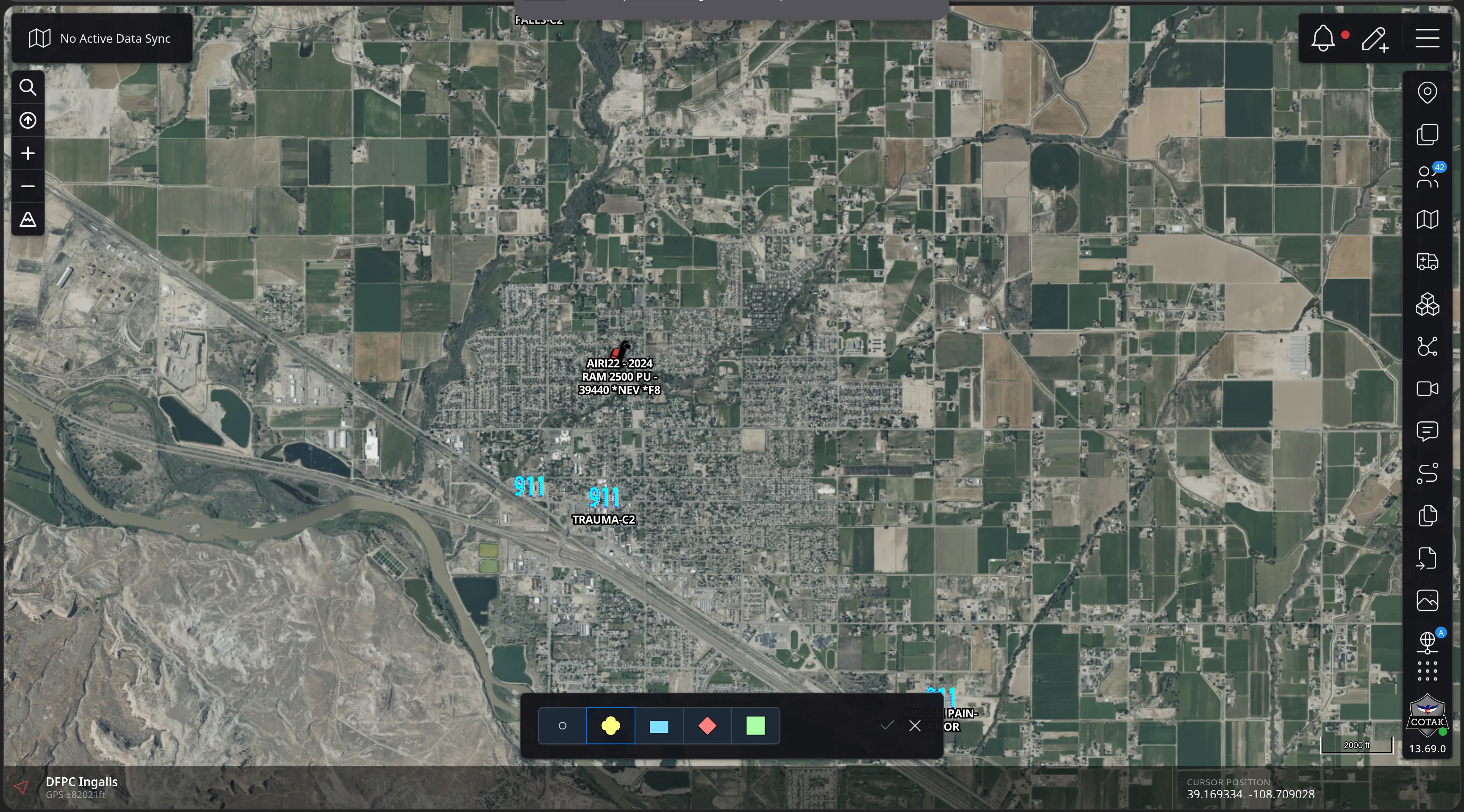 The CloudTAK map with a compact style bar at the bottom of the screen offering a circle and four coloured marker swatches, with confirm and cancel controls.