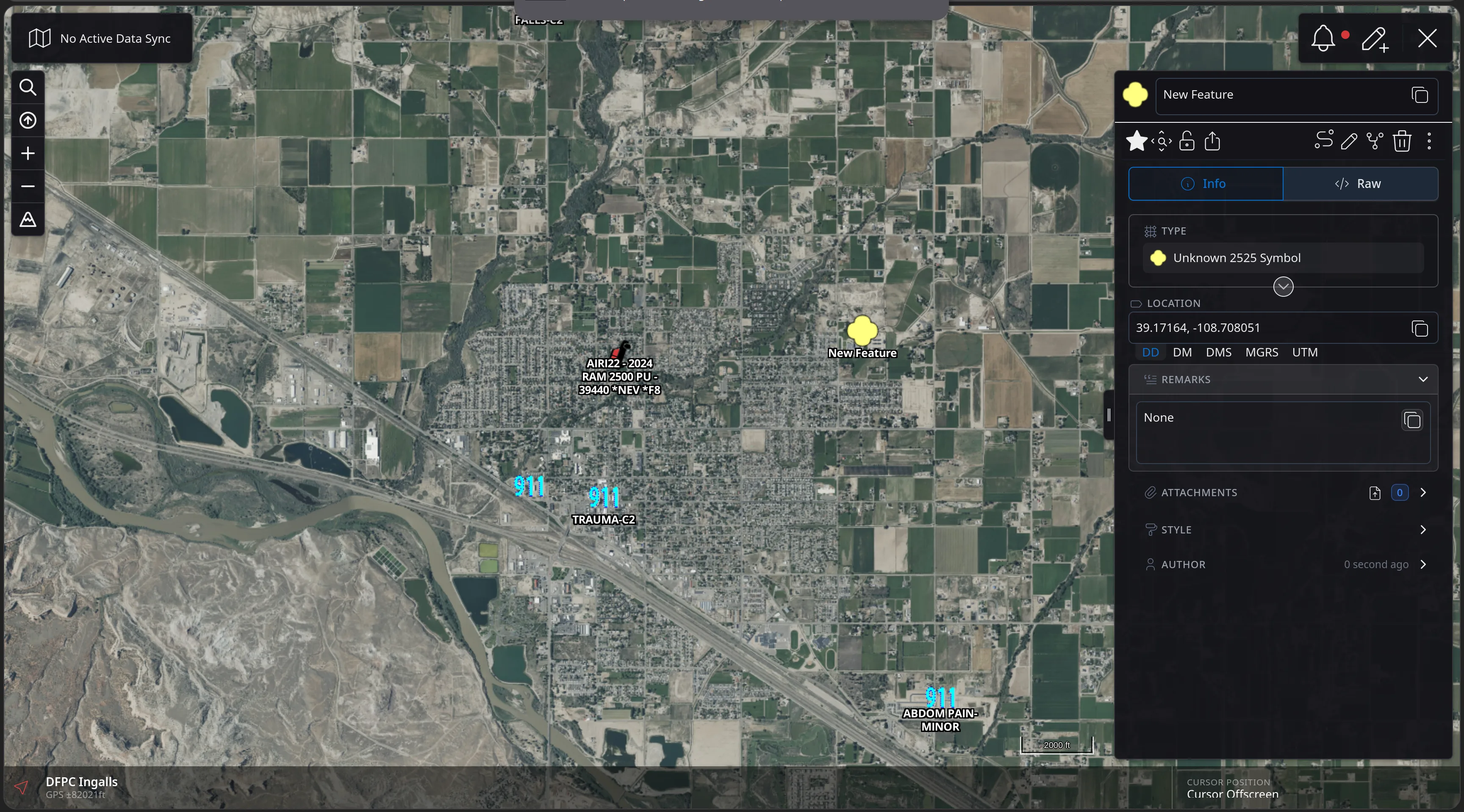 The CloudTAK feature panel for a newly drawn point showing Info and Raw tabs, a TYPE field reading Unknown 2525 Symbol, a decimal-degrees location of 39.17164, -108.708051, and Remarks, Attachments, Style and Author rows.