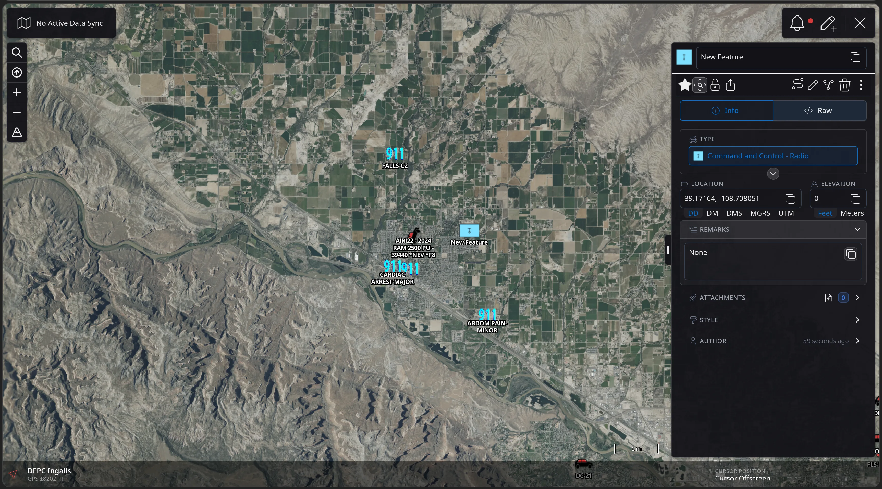 The CloudTAK map with the new feature now rendered as a blue friendly Command and Control Radio symbol, and its panel showing TYPE Command and Control - Radio with location, elevation, remarks and author rows.