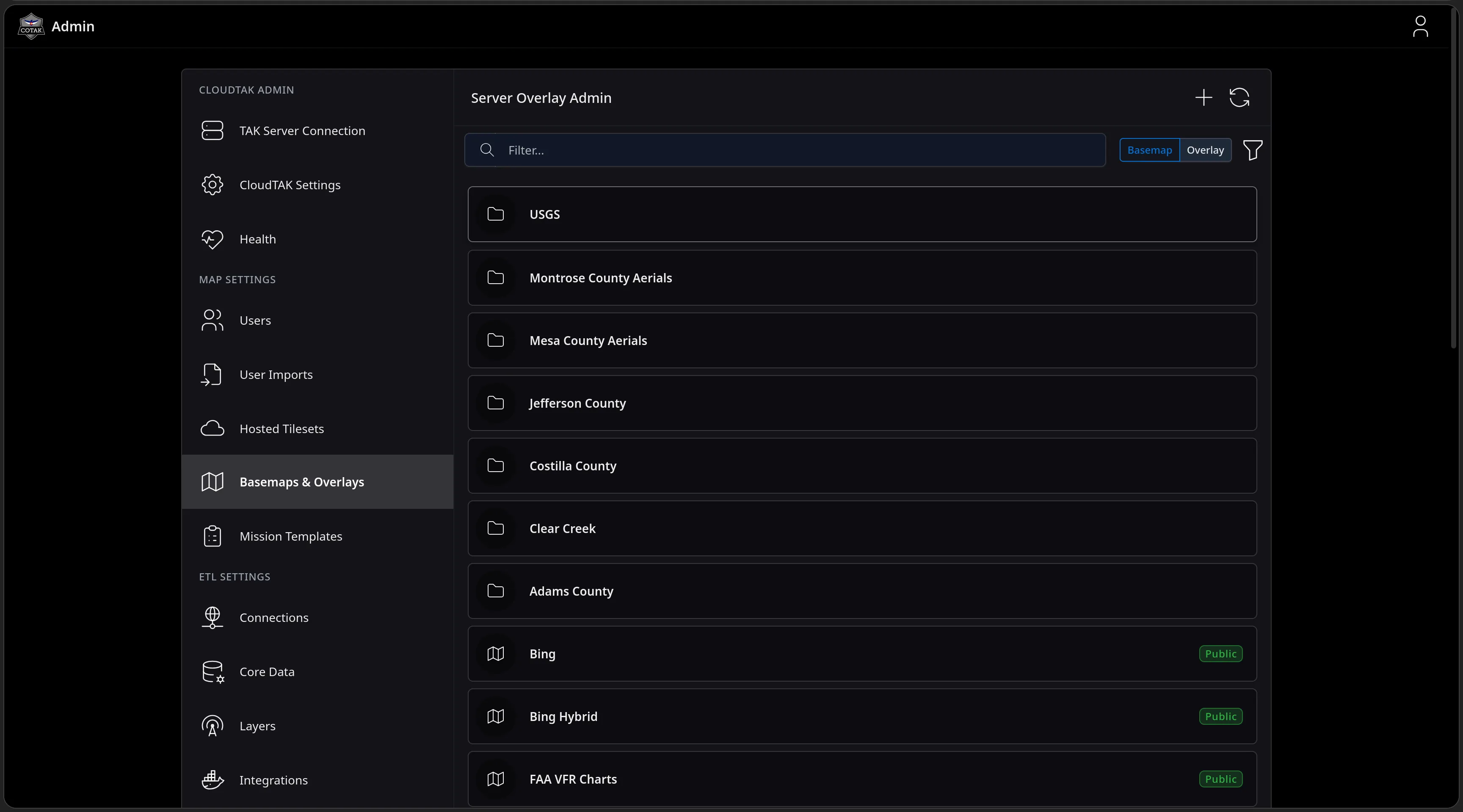 The Server Overlay Admin page in the CloudTAK Admin console with Basemap and Overlay tabs and a filter box, listing folders for USGS and county aerial collections above public basemaps such as Bing, Bing Hybrid and FAA VFR Charts.