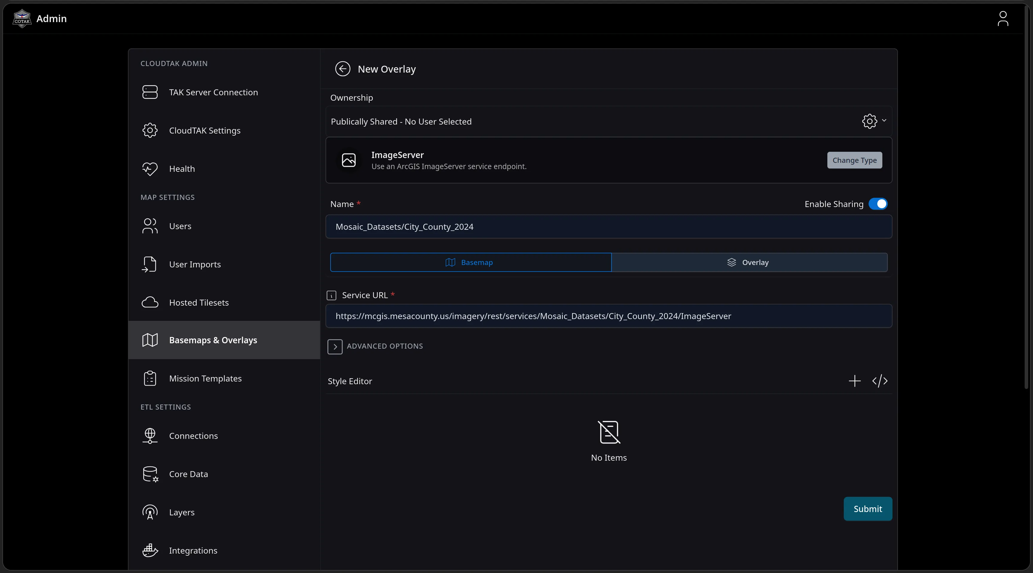 The form after fetching metadata: the name Mosaic_Datasets/City_County_2024 pre-filled from the service, a Basemap or Overlay toggle, an Enable Sharing switch, Advanced Options and a Style Editor above the Submit button.