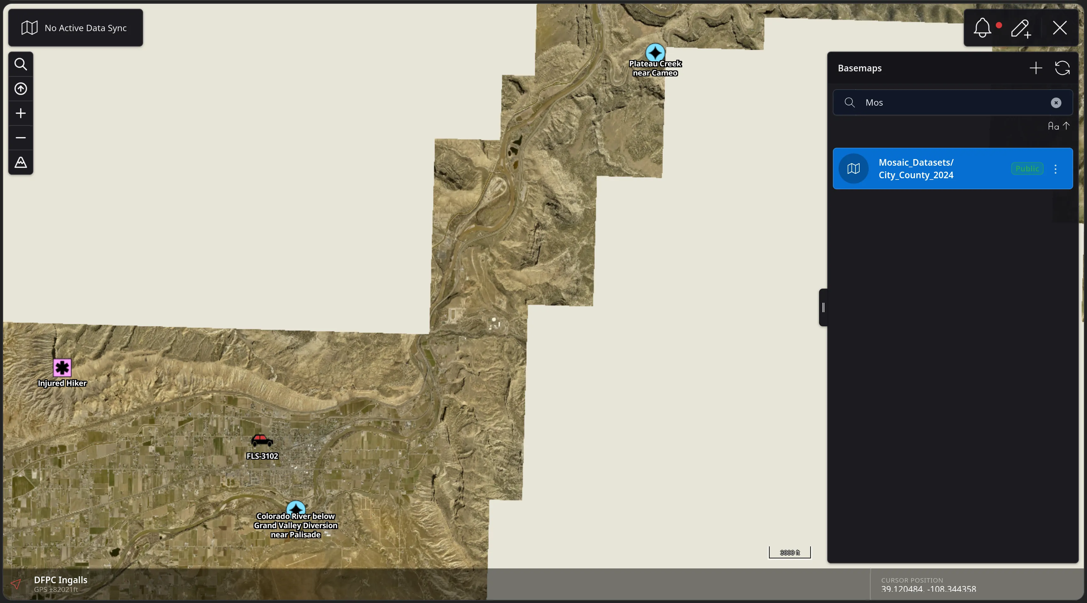The CloudTAK map rendering the new Mesa County 2024 aerial imagery as the active basemap - its coverage footprint visible against the blank canvas - with the Basemaps panel open and the public Mosaic_Datasets/City_County_2024 entry selected.