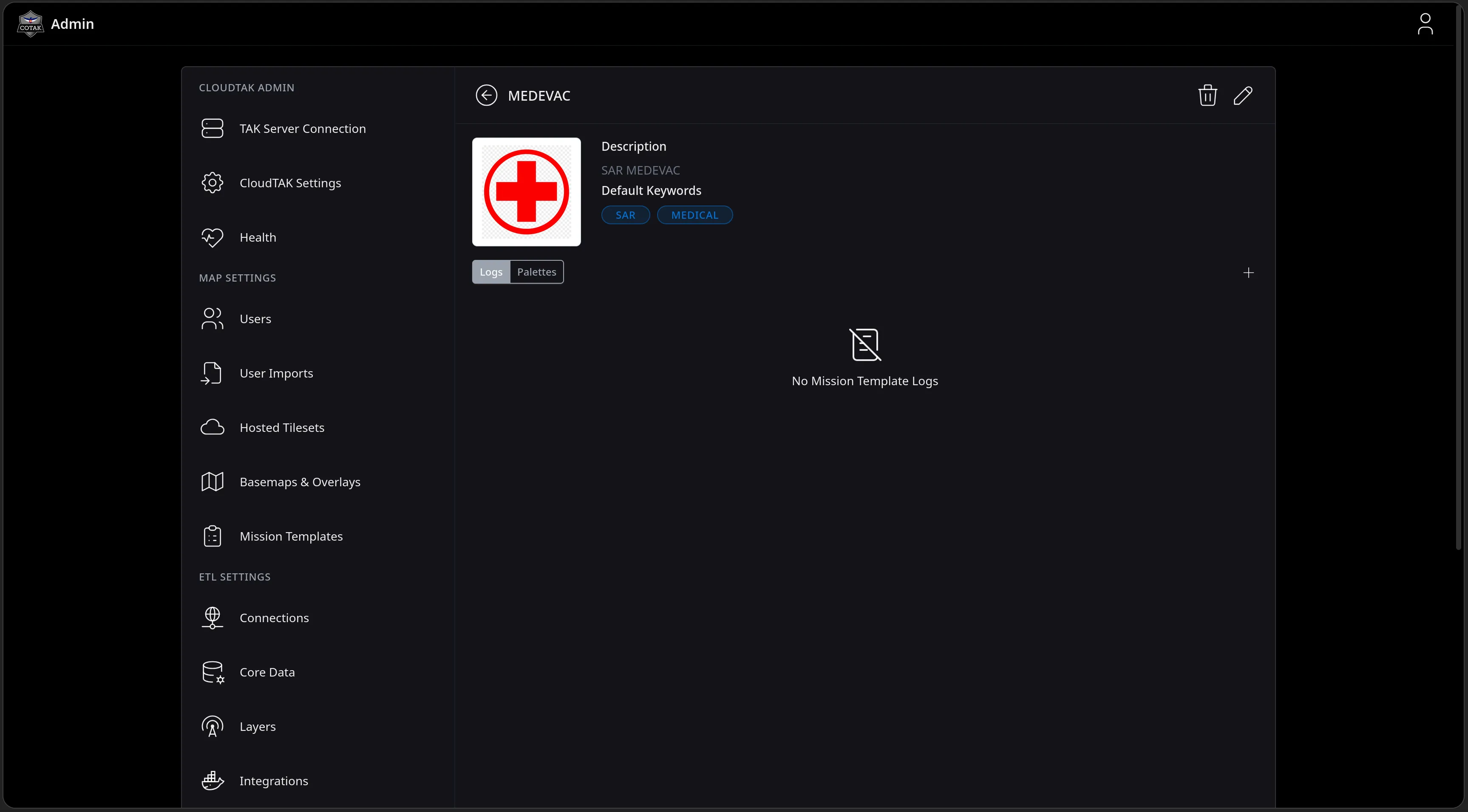 The saved MEDEVAC template's detail page showing its red cross logo, description, SAR and MEDICAL default keywords, and Logs and Palettes tabs with a No Mission Template Logs placeholder.