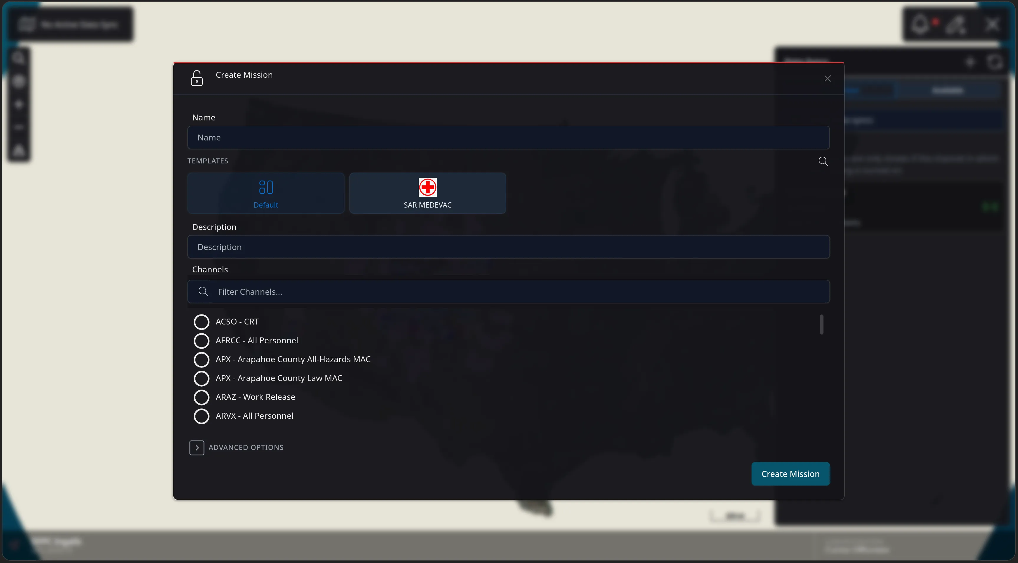 The Create Mission dialog in CloudTAK with a TEMPLATES row offering Default and the red-cross SAR MEDEVAC template, above Description, a channel filter listing channels such as ACSO - CRT and AFRCC - All Personnel, and Advanced Options.