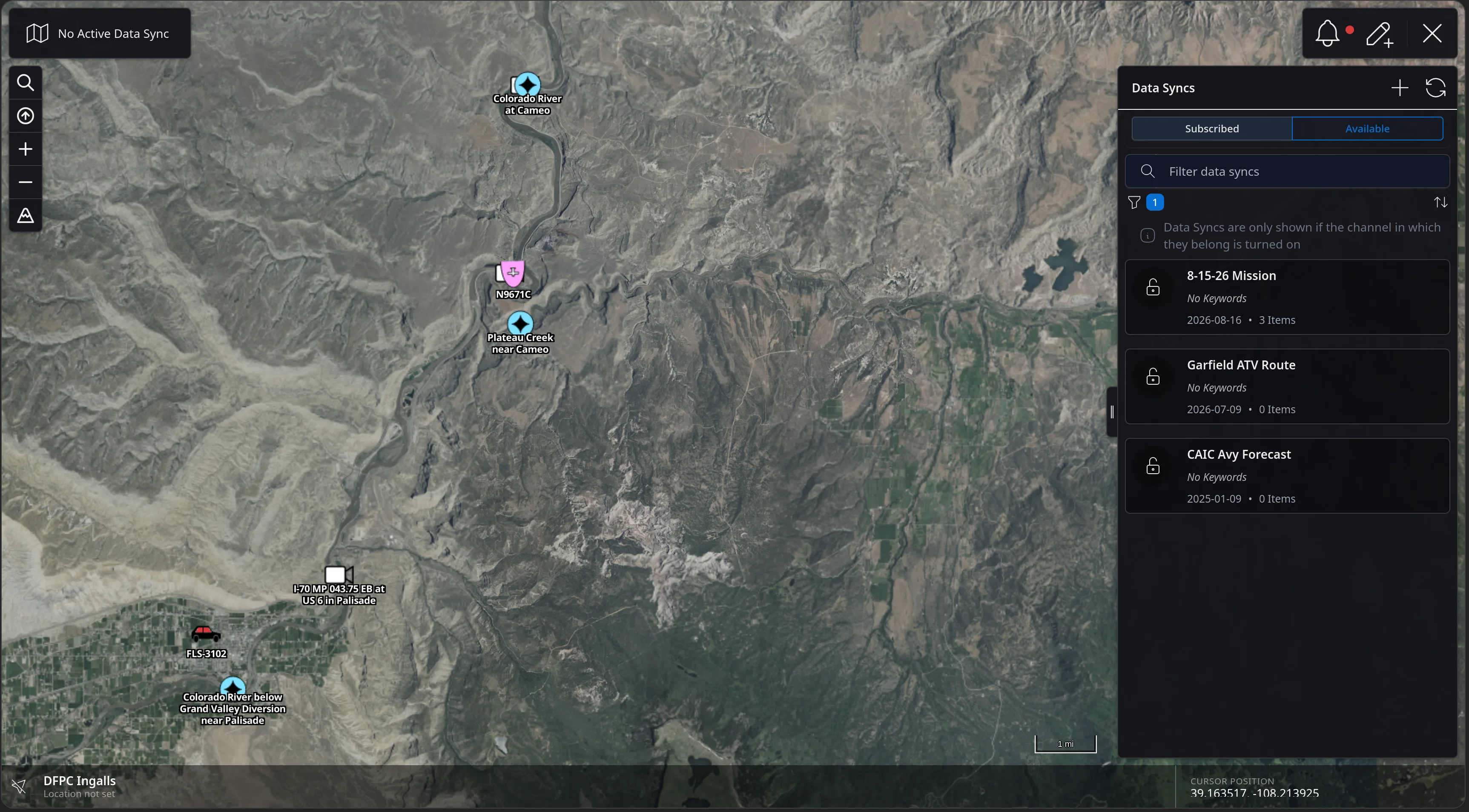 The CloudTAK map over the Colorado River near Palisade with the Data Syncs panel open on the right, Subscribed and Available tabs, a filter box, and three Data Syncs listed: 8-15-26 Mission with 3 items, Garfield ATV Route, and CAIC Avy Forecast.