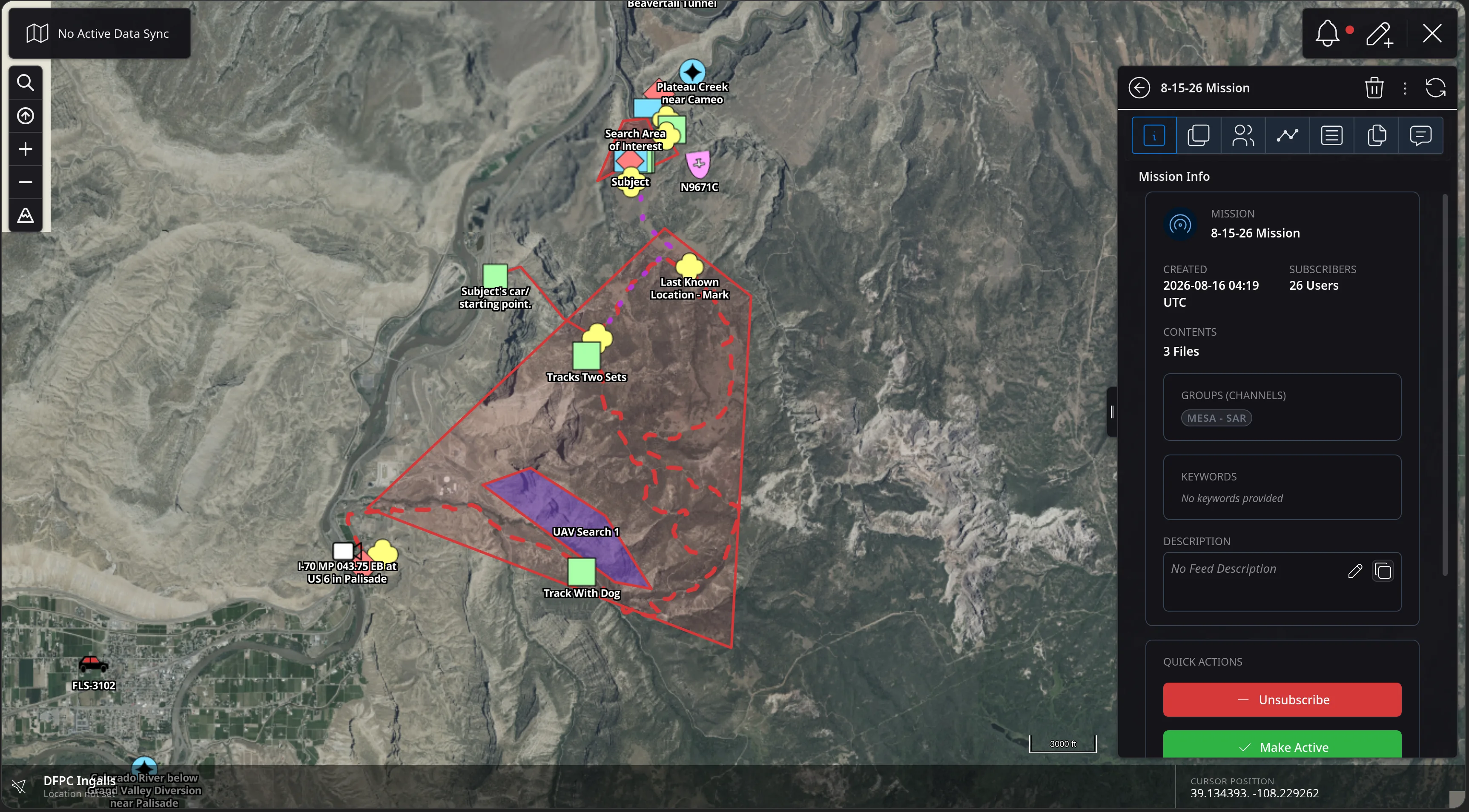 The same mission after subscribing: the map now draws the mission contents - a red Search Area of Interest polygon, a purple UAV Search 1 box, tracks, Last Known Location and Subject markers - and the panel gains a tab strip with 26 subscribers, an editable description, and Quick Actions offering Unsubscribe and Make Active.