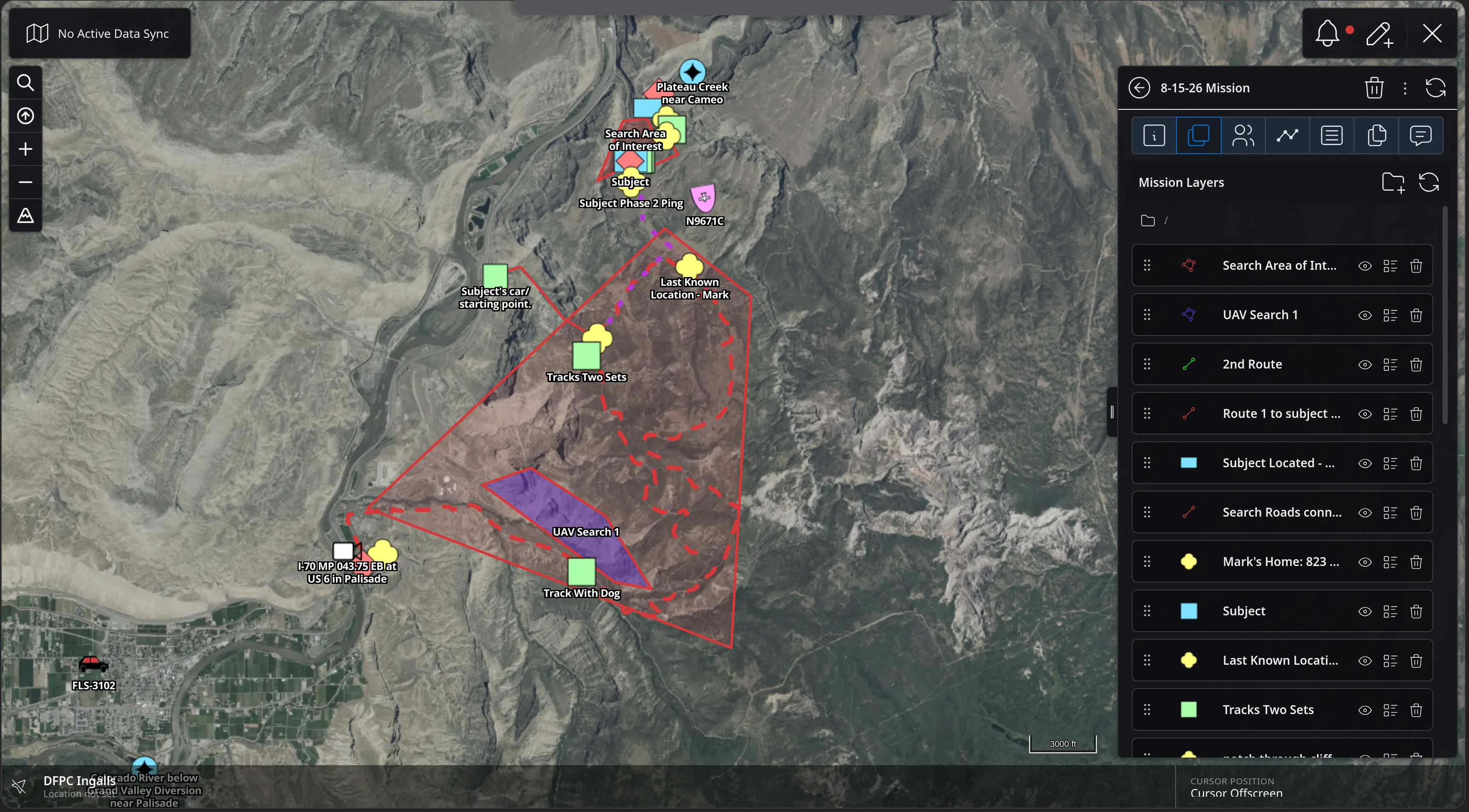 The Mission Layers tab listing the mission's layers - Search Area of Interest, UAV Search 1, 2nd Route, Route 1 to subject, Subject Located, Search Roads, Mark's Home, Subject, Last Known Location and Tracks Two Sets - each with a symbol, a visibility eye, a list control and a delete control.