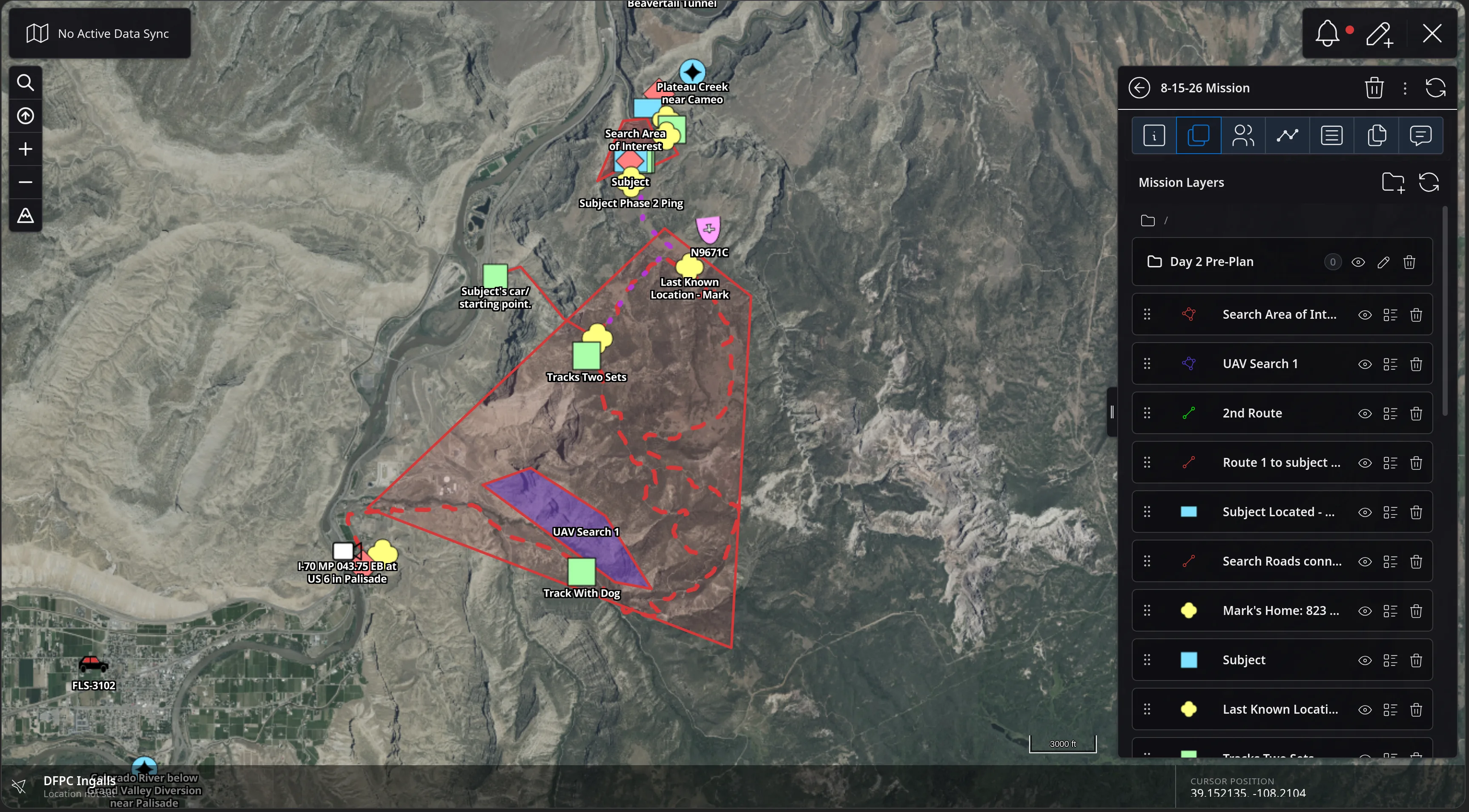The Mission Layers list with a new folder named Day 2 Pre-Plan created at the top of the list, holding 0 items, above the existing Search Area of Interest, UAV Search 1, 2nd Route and other layers.