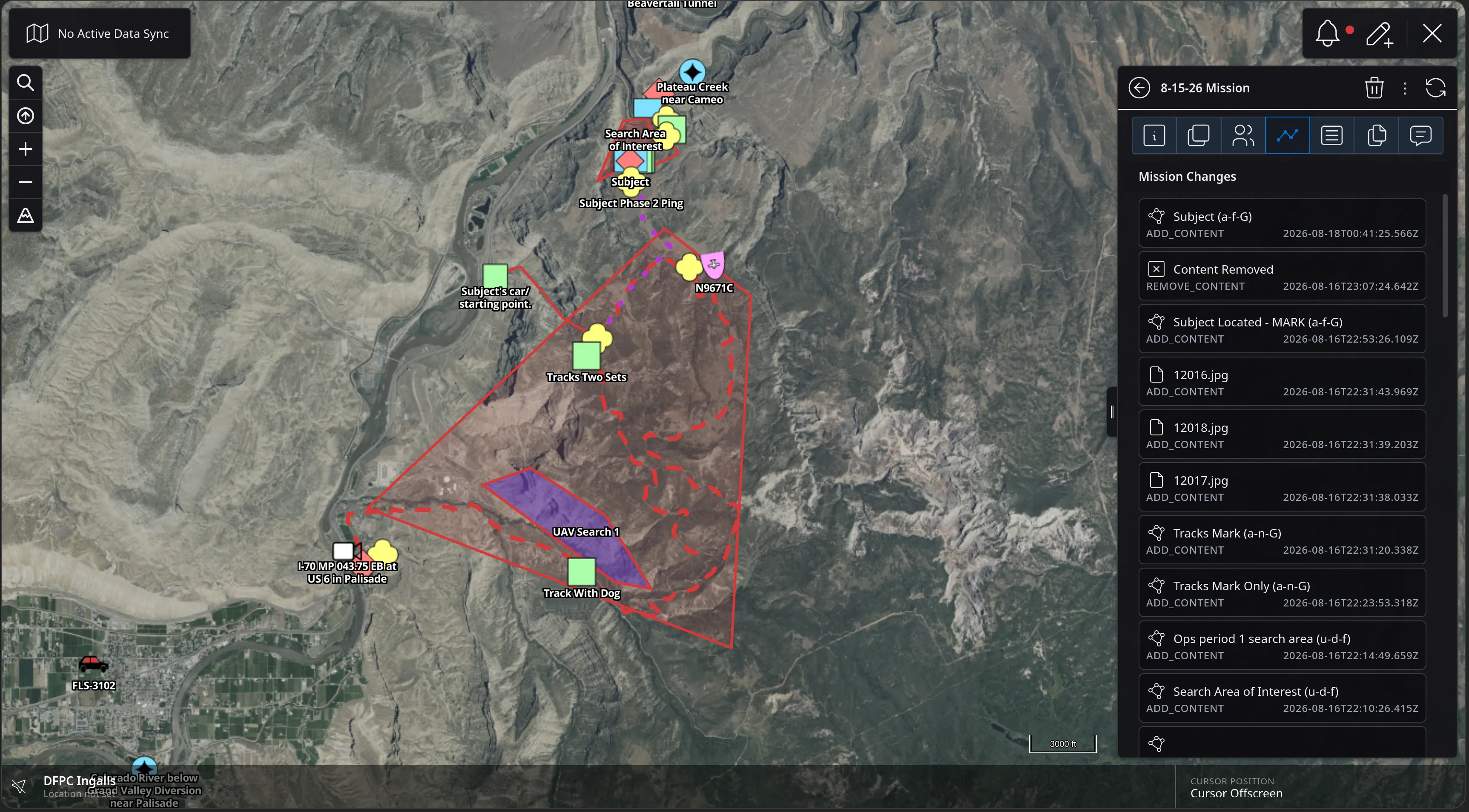 The Mission Changes tab listing a timestamped audit trail: Subject ADD_CONTENT, Content Removed REMOVE_CONTENT, Subject Located - MARK, three photo files 12016.jpg, 12018.jpg and 12017.jpg, Tracks Mark, Ops period 1 search area and Search Area of Interest, each with a UTC timestamp.