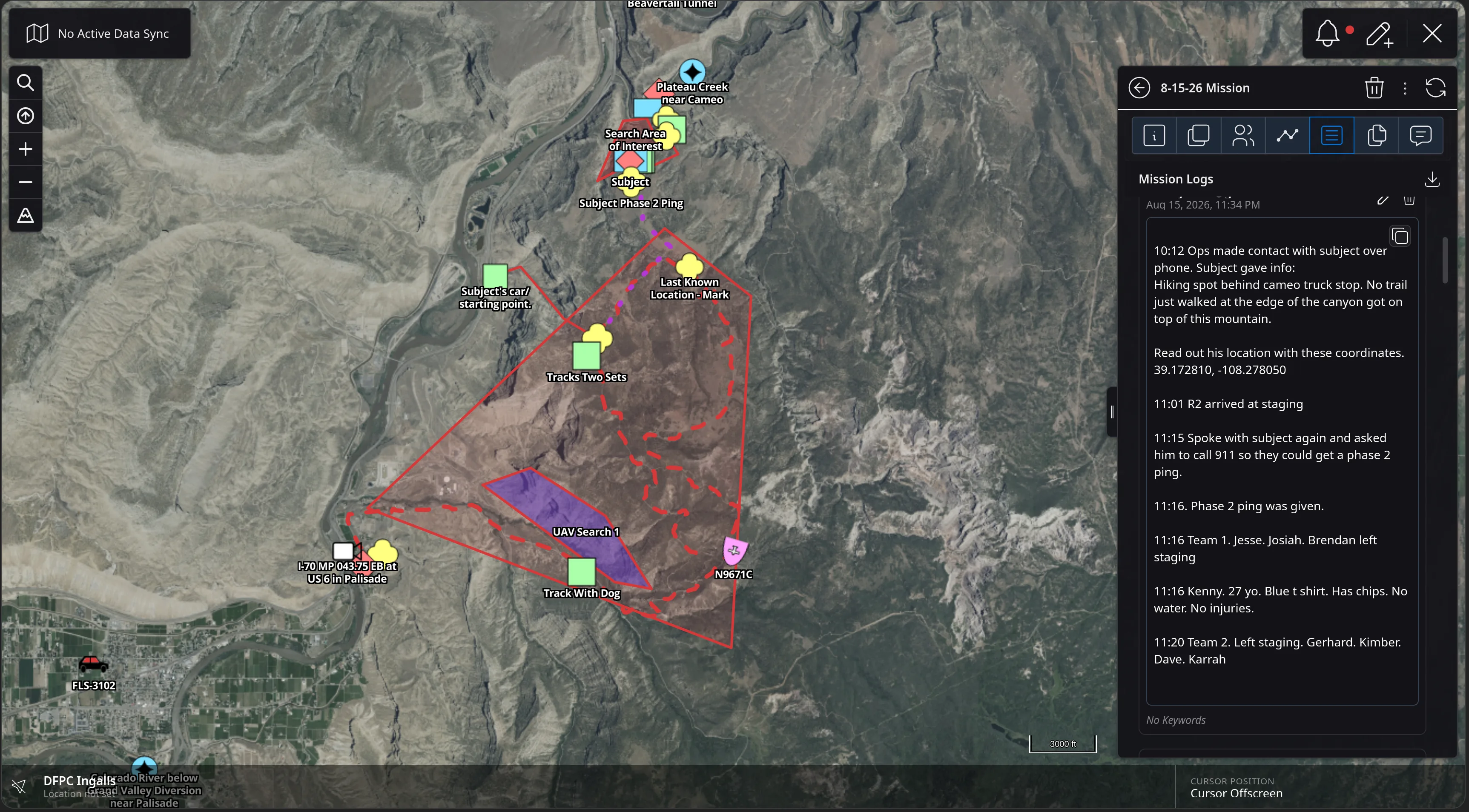 The Mission Logs tab showing a log entry dated Aug 15, 2026, 11:34 PM with a timestamped narrative: ops contact with the subject by phone, the coordinates he read out, R2 arriving at staging, a 911 phase 2 ping being requested and given, and teams leaving staging with names and subject description.