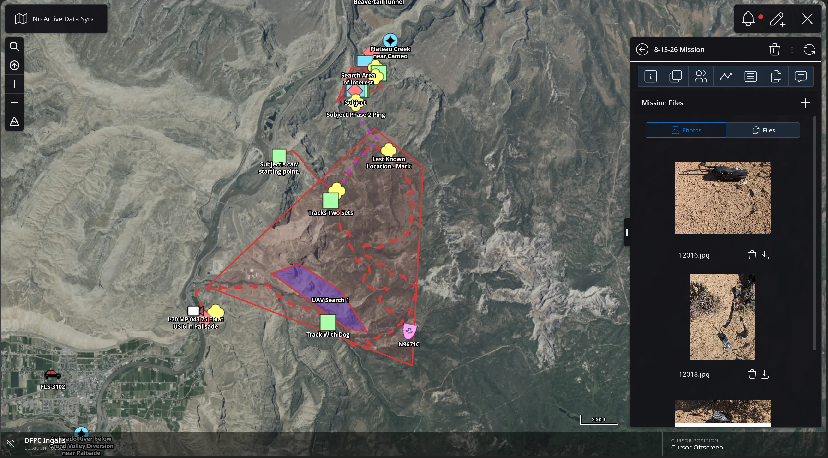 The Mission Files tab with Photos and Files sub-tabs, showing field photographs 12016.jpg and 12018.jpg - boot prints and a discarded item in sand - each with delete and download controls.