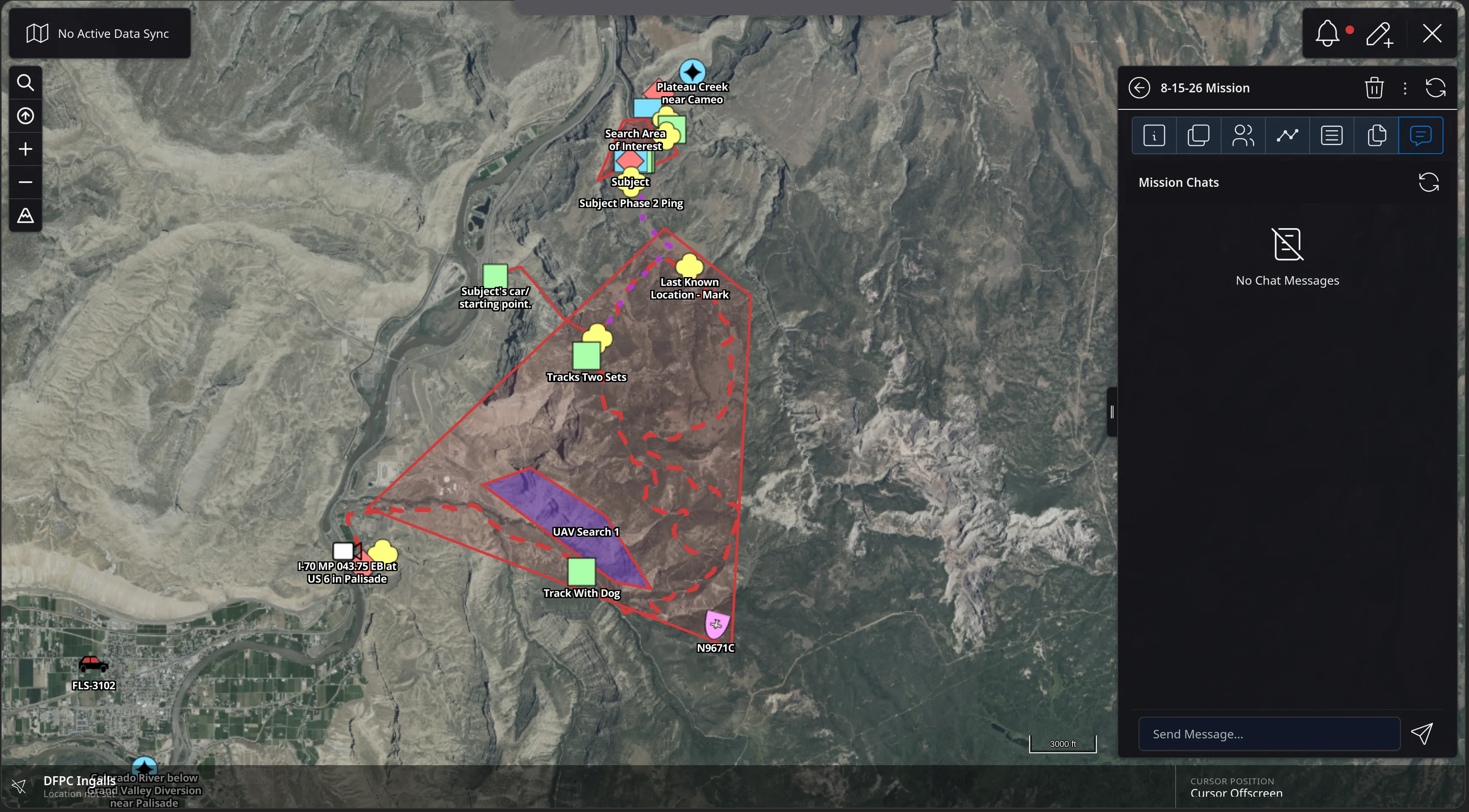 The Mission Chats tab, empty with a No Chat Messages placeholder and a Send Message box at the bottom, alongside the mission's search areas and markers still drawn on the map.