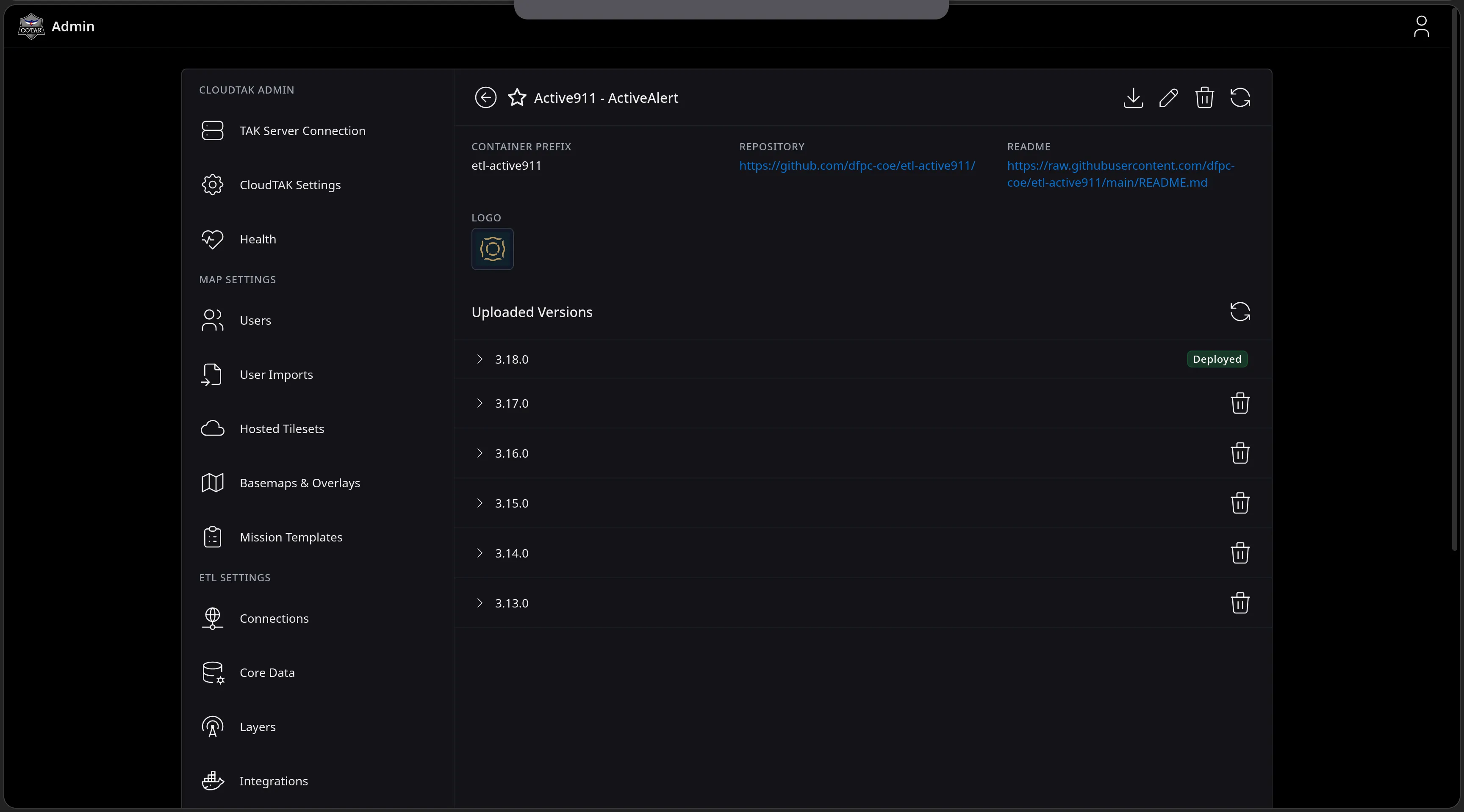 The Active911 - ActiveAlert task detail page showing its container prefix, links to the GitHub repository and README, its logo, and six uploaded versions from 3.13.0 to 3.18.0 with 3.18.0 badged Deployed.