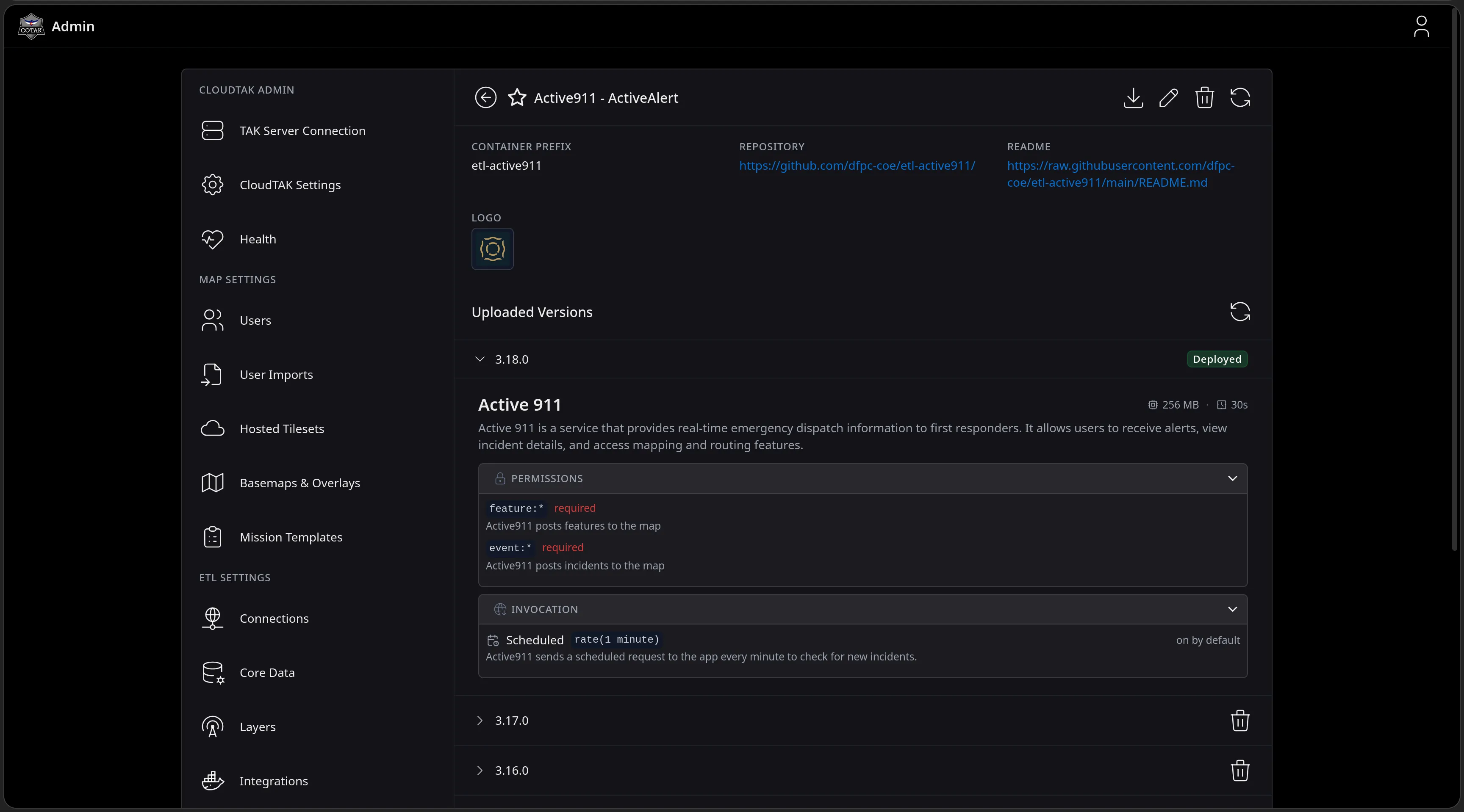 Version 3.18.0 expanded: the task self-describes with its size and timeout, the TAK permissions it requires - posting features and events to the map - and its invocation model, a scheduled request every minute to check for new incidents.