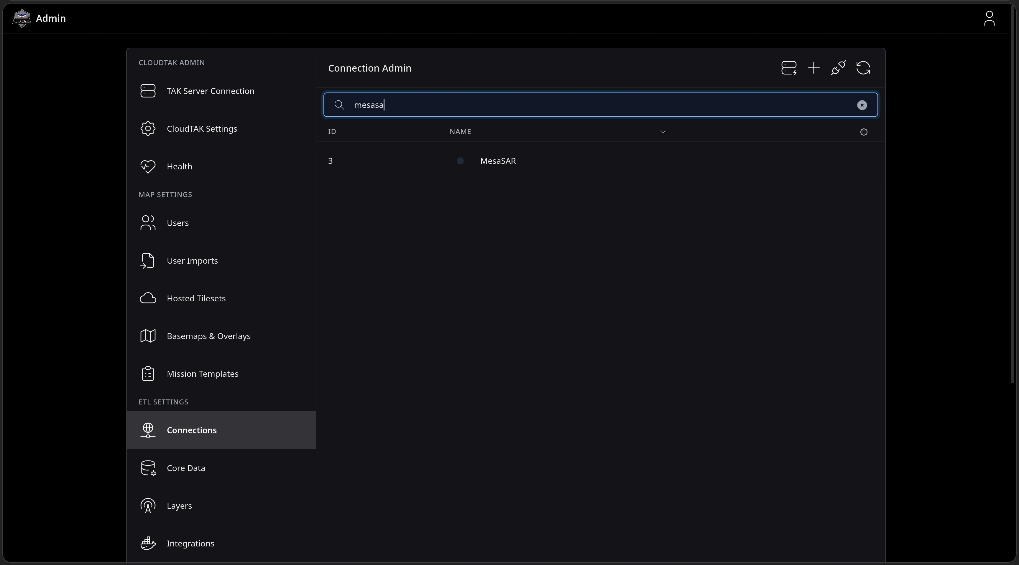 The Connection Admin page filtered to mesasa, returning the MesaSAR connection - the agency identity that ETL layers run under.