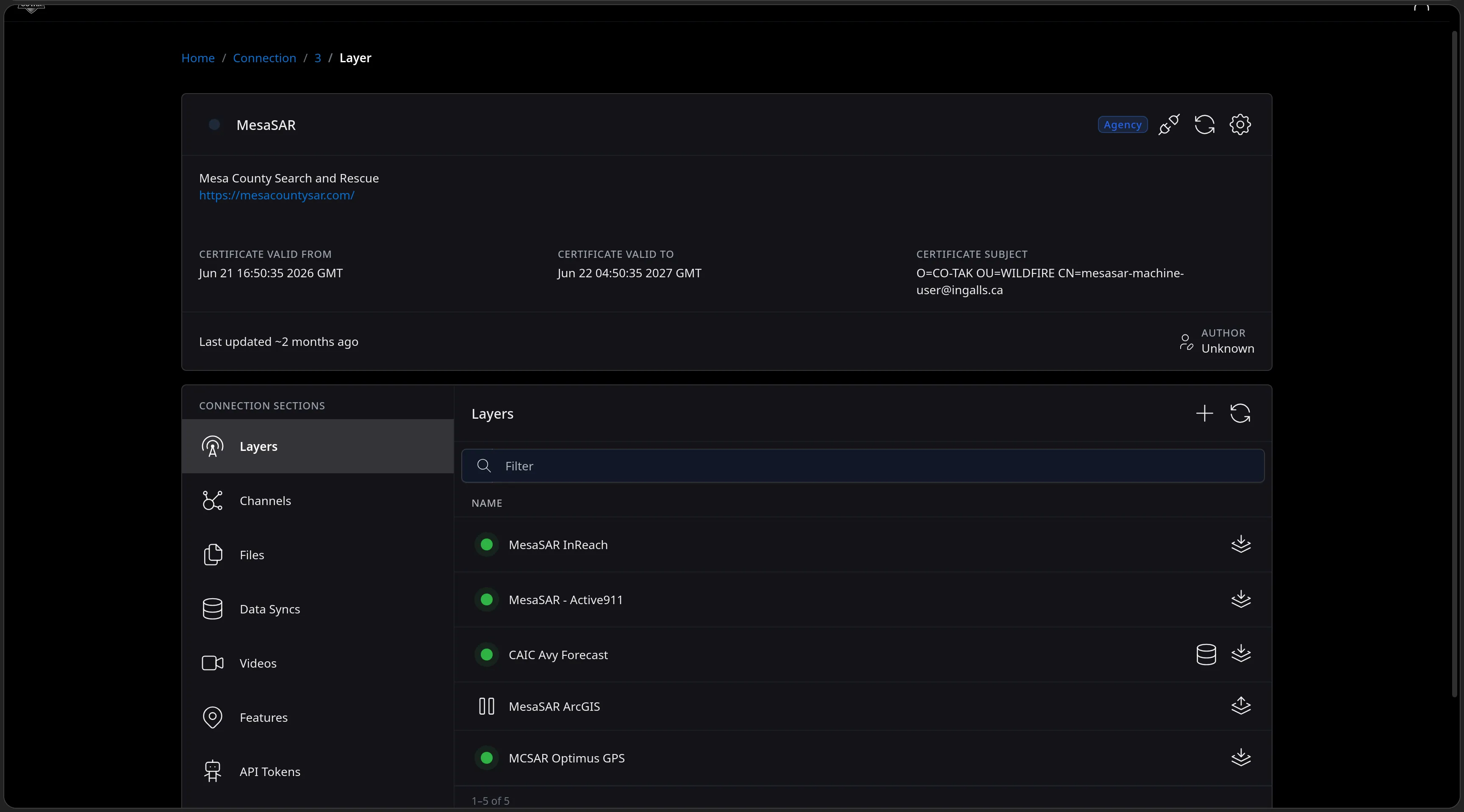The MesaSAR connection page for Mesa County Search and Rescue showing its TAK certificate validity window and subject, and its existing Layers - MesaSAR InReach, MesaSAR - Active911, CAIC Avy Forecast, MesaSAR ArcGIS and MCSAR Optimus GPS.