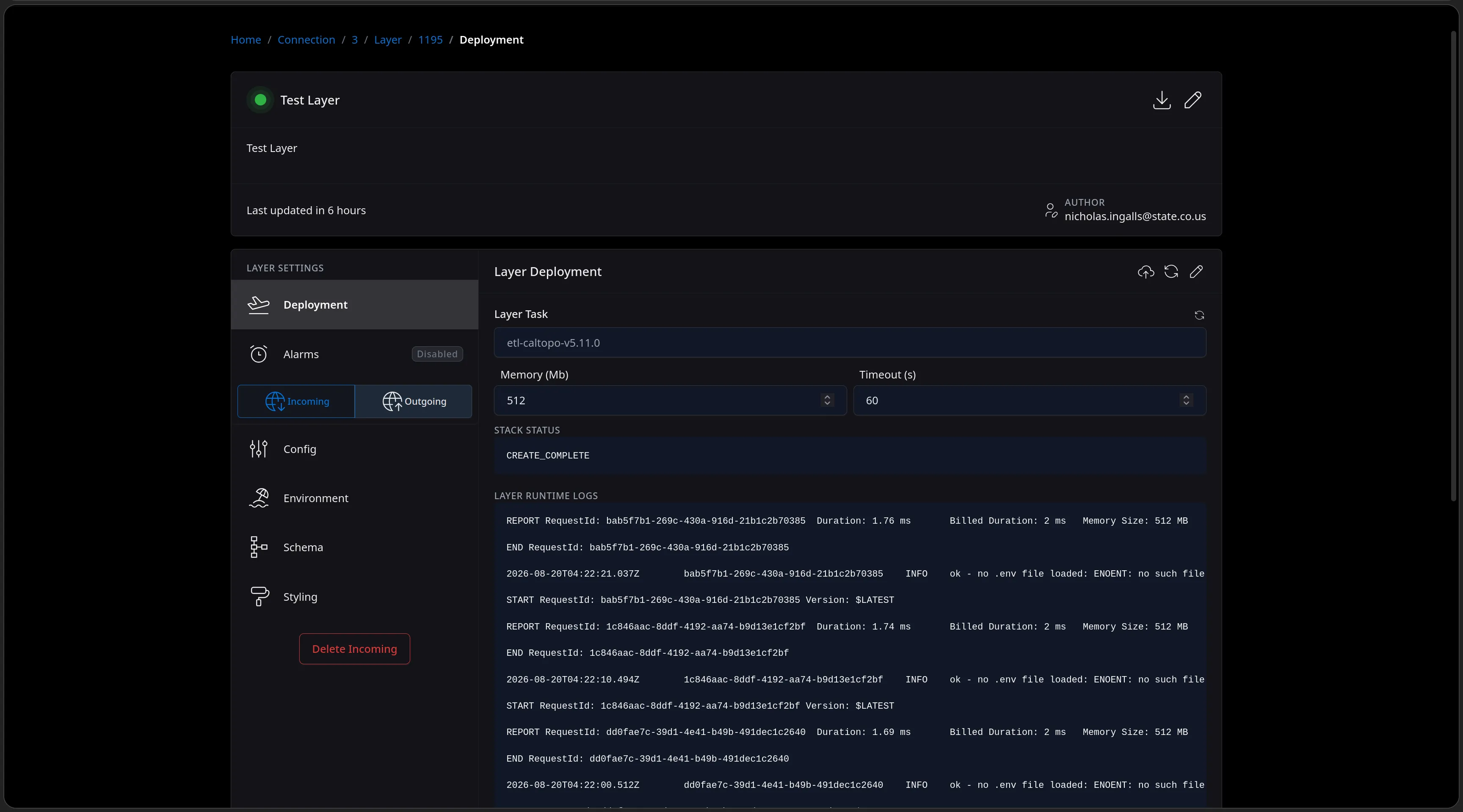 The created layer's Deployment page: the etl-caltopo-v5.11.0 task with its memory and timeout, a CloudFormation stack status of CREATE_COMPLETE, and live Lambda runtime logs streaming one-to-two-millisecond scheduled runs.