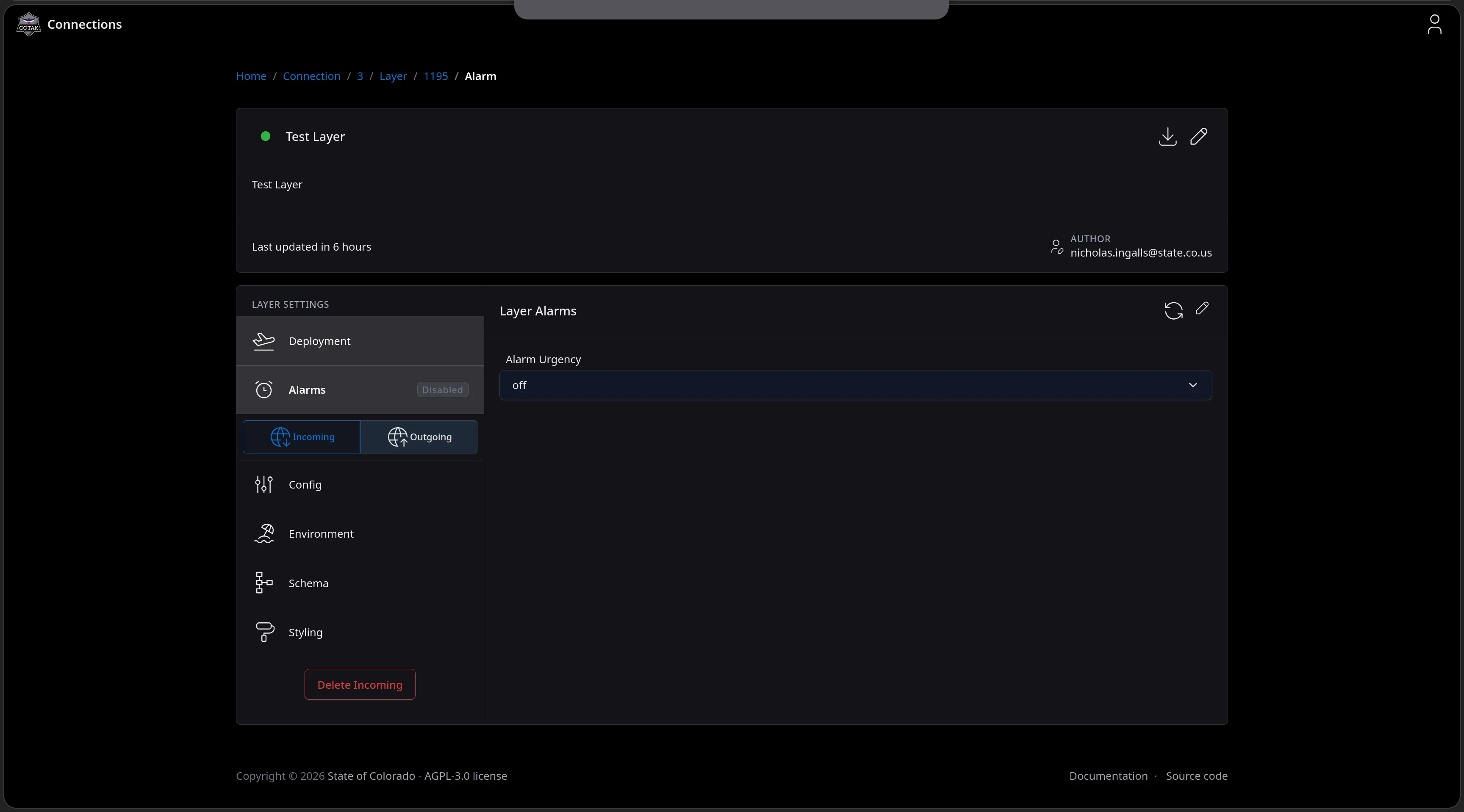 The Layer Alarms page with an Alarm Urgency selector - CloudWatch alarming on the layer, switched off for this test layer.