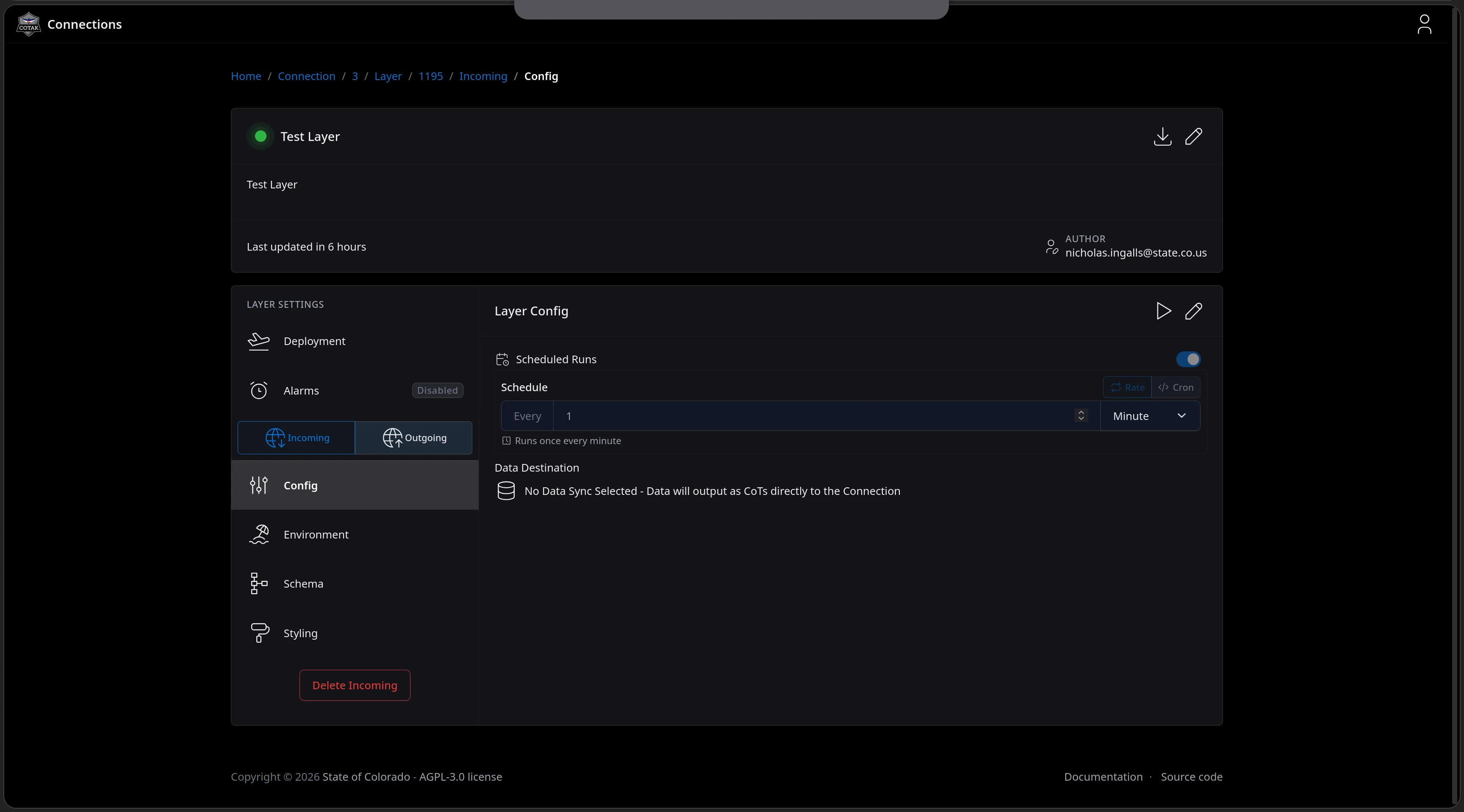 The Layer Config page for the incoming side: Scheduled Runs enabled with a Rate schedule of once every minute, and a Data Destination reading No Data Sync Selected - Data will output as CoTs directly to the Connection.