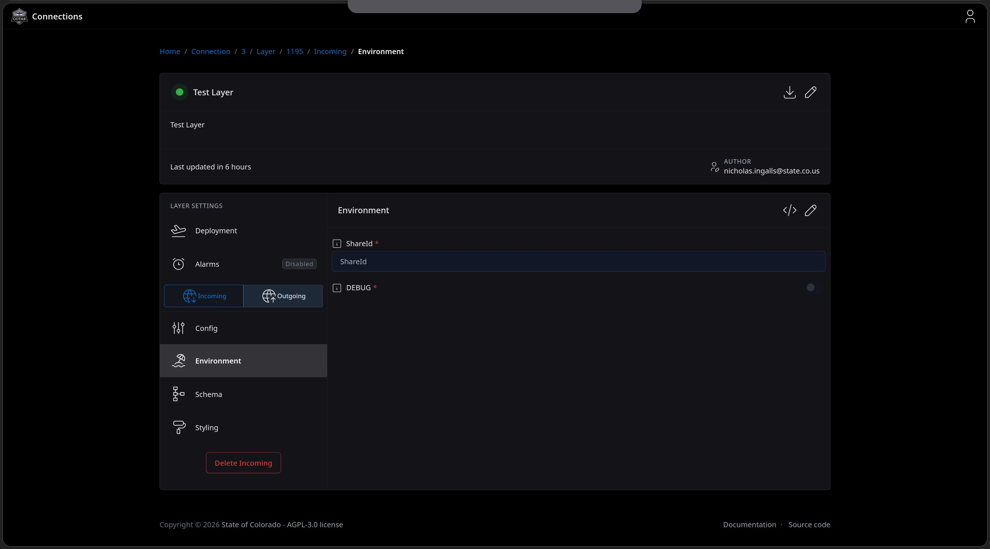 The Environment page rendering the task's own config schema as a form - a required ShareId field and a DEBUG toggle for the CalTopo task.