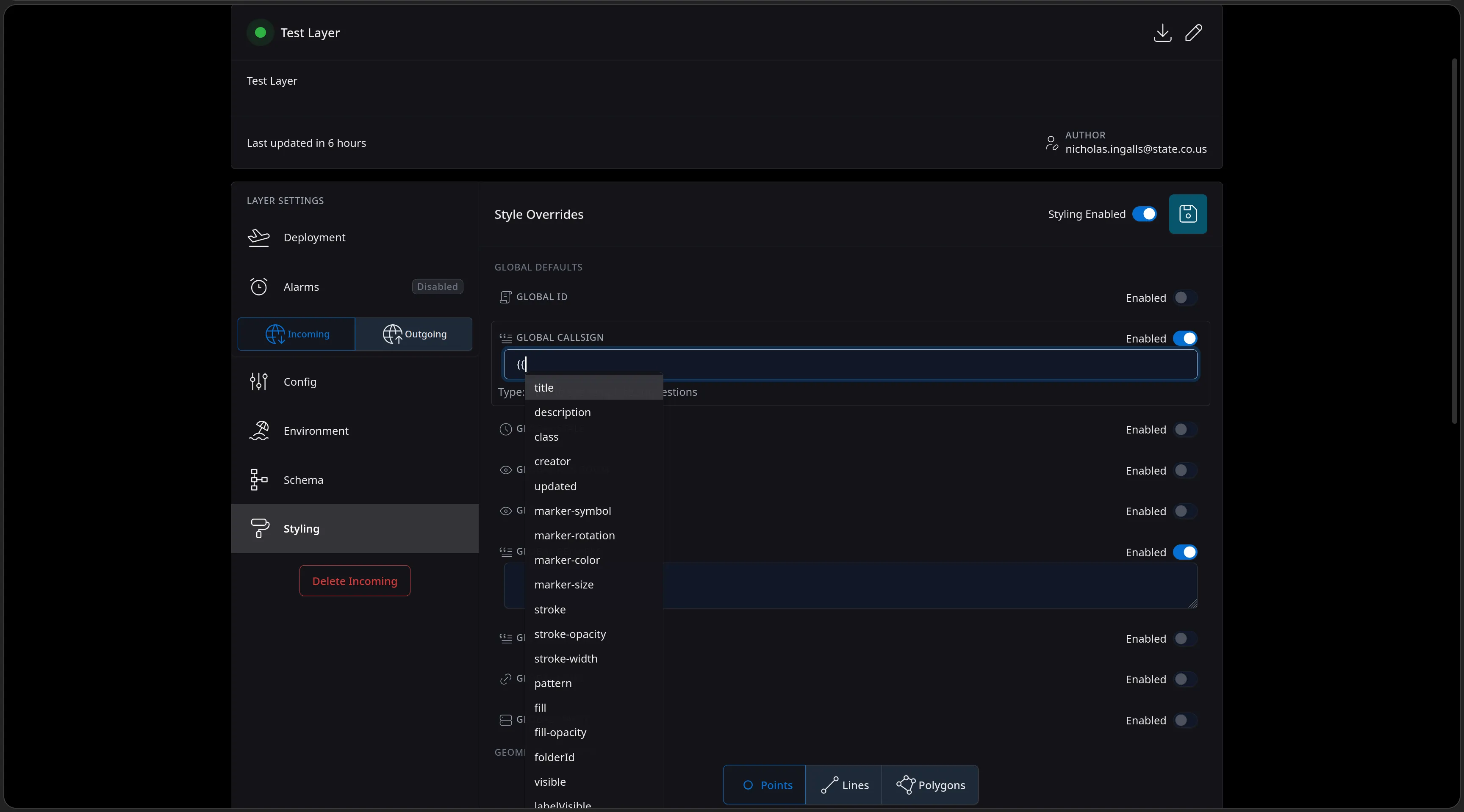 The Styling page's Global Callsign override mid-edit: typing a template opens an autocomplete of the schema's own properties - title, description, class, creator, marker and stroke fields - for building callsigns from feed data.