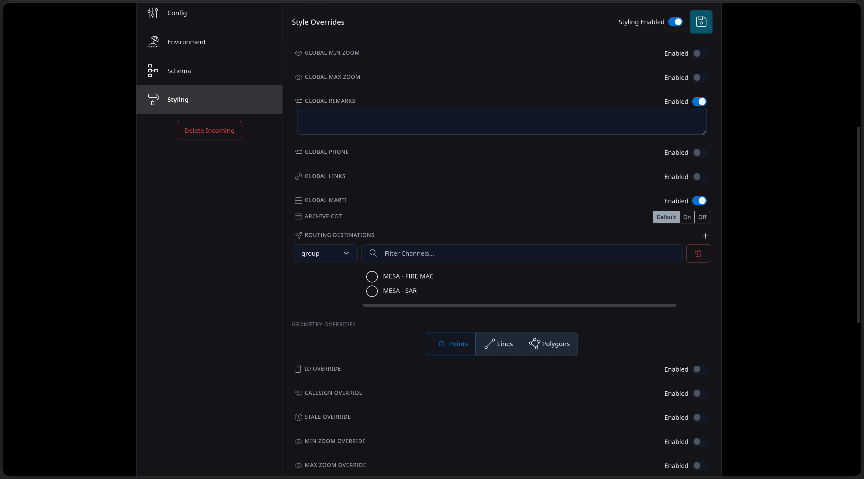 The Styling page scrolled to global overrides - remarks, MARTI and Archive CoT controls, Routing Destinations targeting the MESA - FIRE MAC or MESA - SAR channels, and per-geometry override tabs for Points, Lines and Polygons.