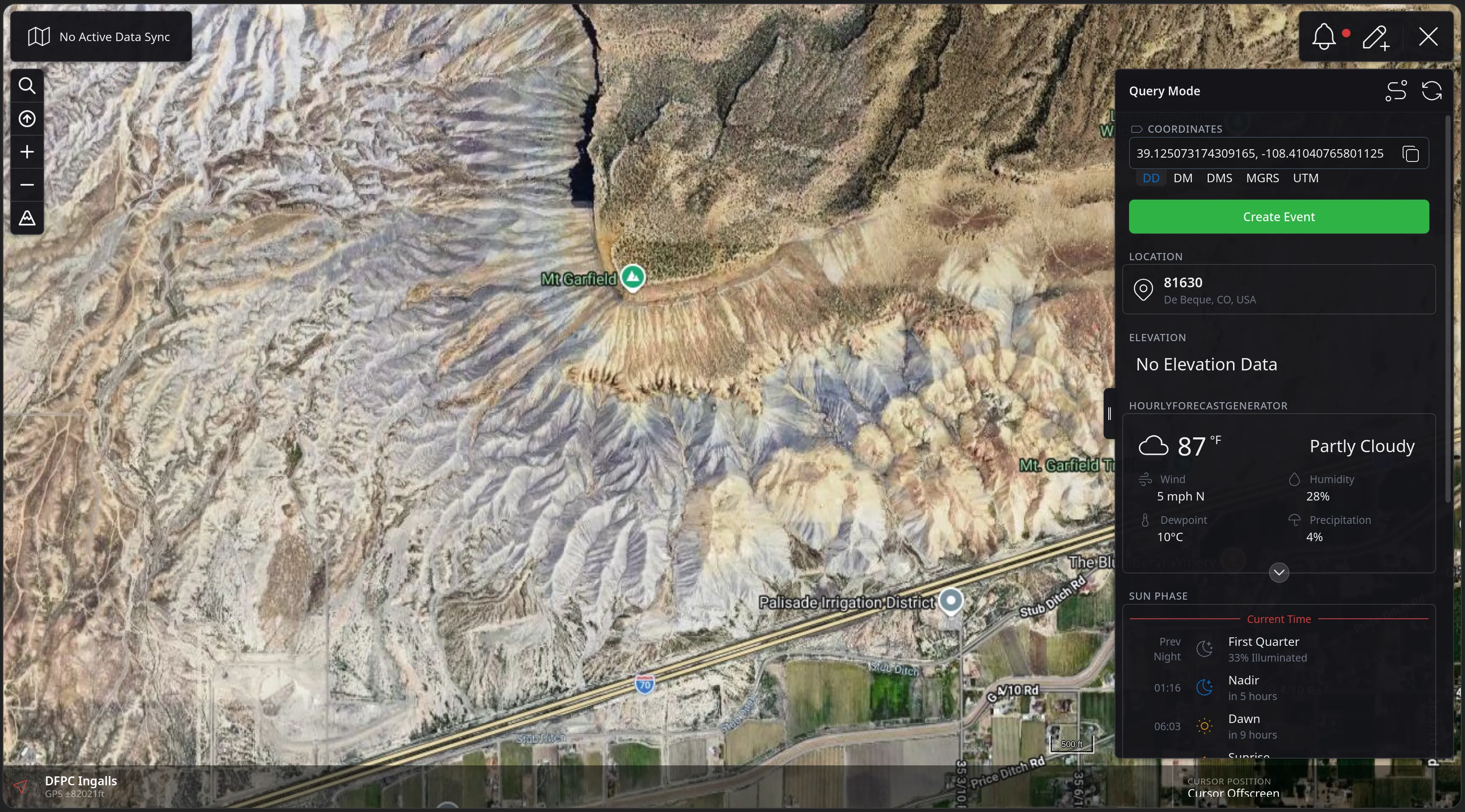 The CloudTAK map over Mt Garfield with the Query Mode panel open, showing the queried coordinates, a green Create Event button, a reverse-geocoded location of 81630 De Beque, CO, USA, an hourly forecast of 87 degrees and Partly Cloudy, and the sun phase timeline.