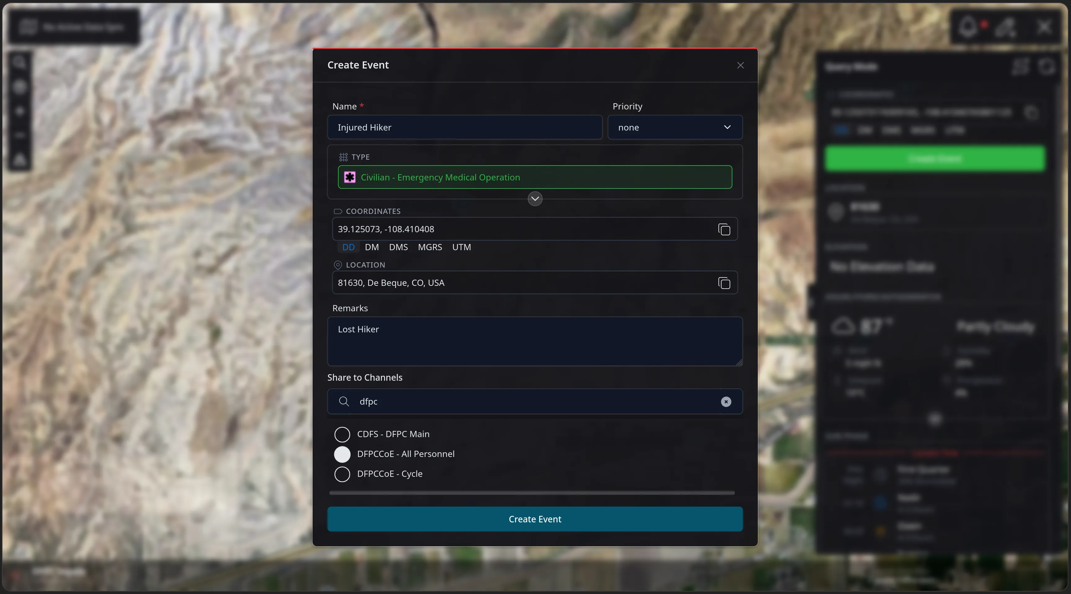 The Create Event dialog filled out: named Injured Hiker, the type changed to Civilian - Emergency Medical Operation, remarks reading Lost Hiker, and the DFPCCoE - All Personnel channel selected for sharing.