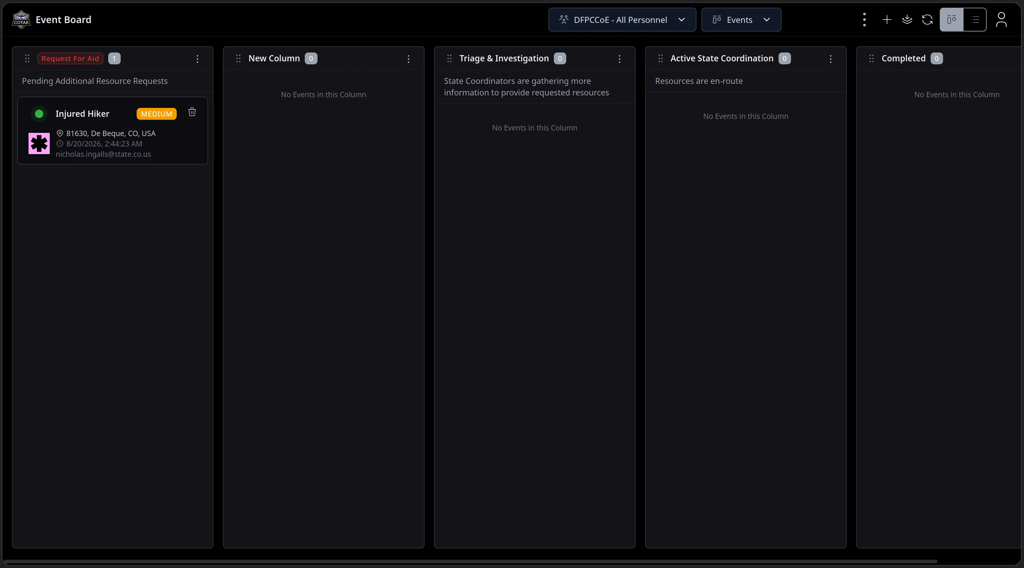 The Event Board app for the DFPCCoE - All Personnel channel with Kanban columns Request For Aid, New Column, Triage and Investigation, Active State Coordination and Completed - the Injured Hiker card sitting in Request For Aid with a MEDIUM priority chip, its location, timestamp and creator.