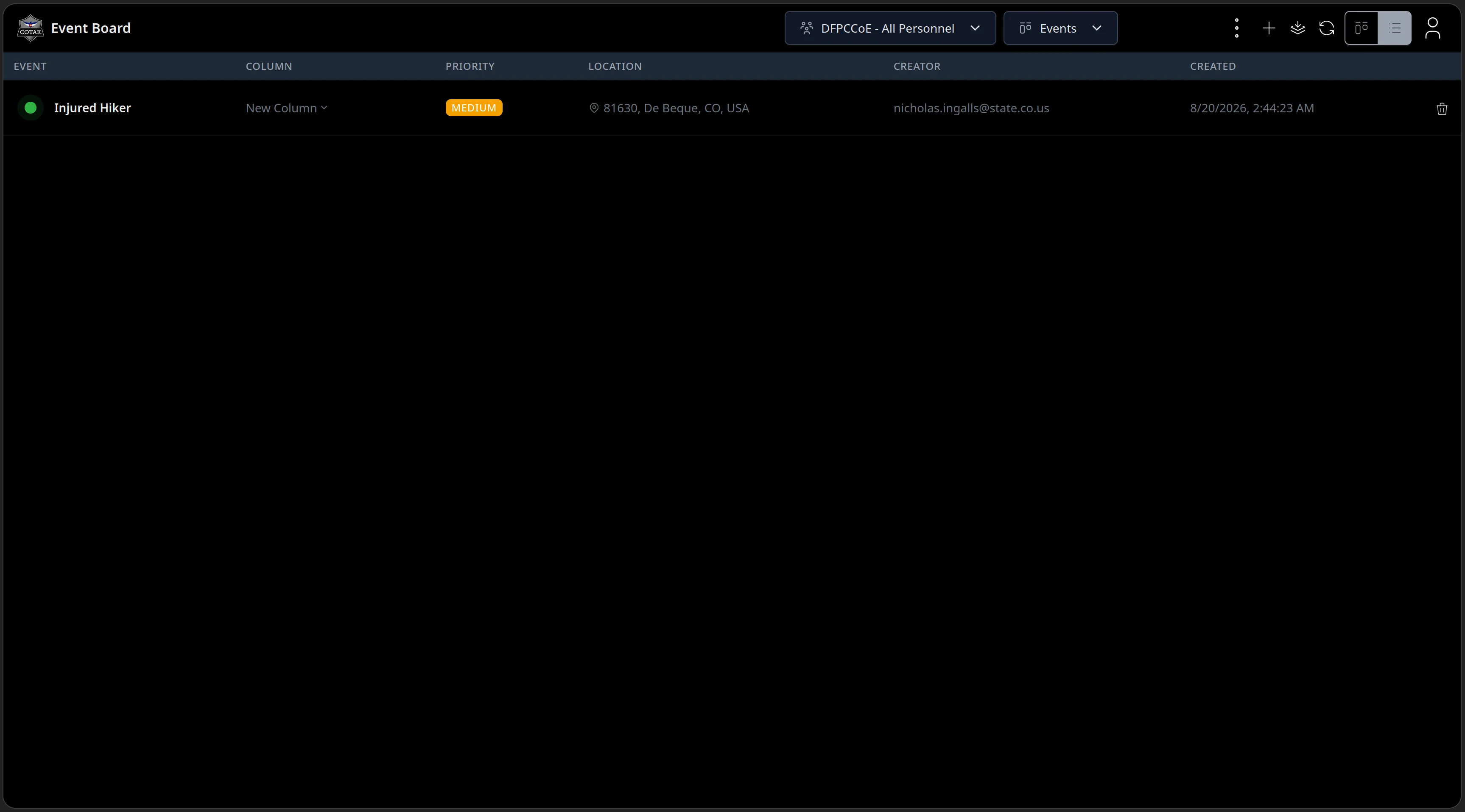 The same board in list view: a table of events with columns for Event, Column, Priority, Location, Creator and Created, listing Injured Hiker with its MEDIUM chip and creator nicholas.ingalls@state.co.us.