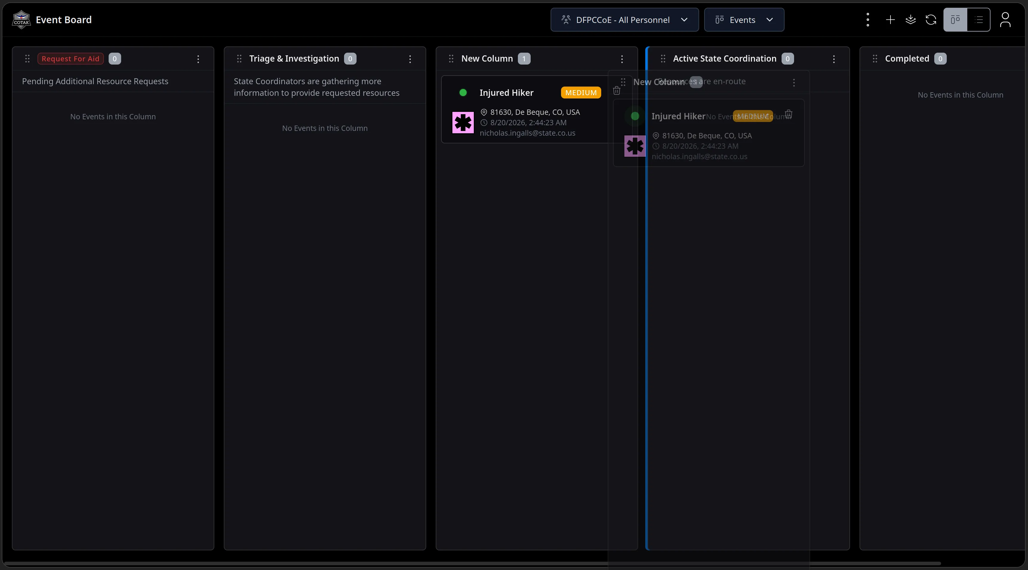 The Injured Hiker card mid-drag between Kanban columns, its ghost following the cursor with a blue drop indicator on the Active State Coordination column.