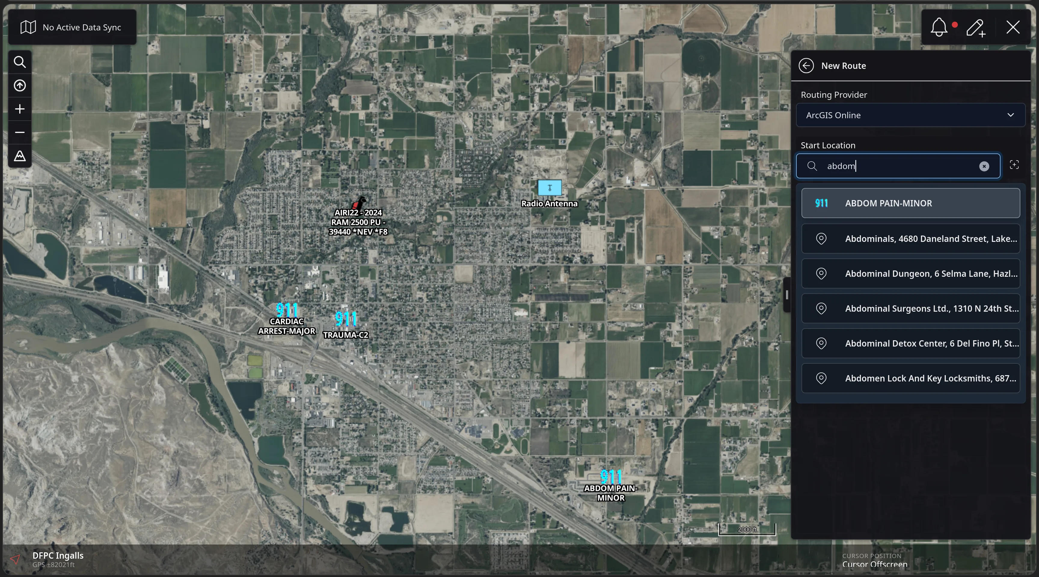 The CloudTAK New Route panel with Routing Provider set to ArcGIS Online and a Start Location search for abdom, listing the on-map 911 feature ABDOM PAIN-MINOR above geocoded address results.