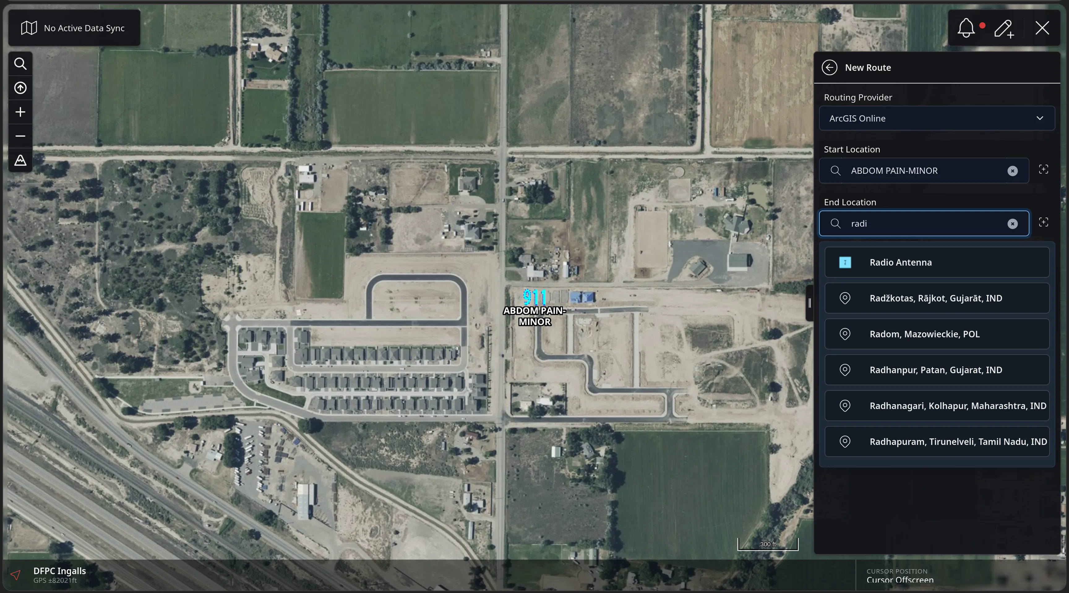 The CloudTAK New Route panel with Start Location set to ABDOM PAIN-MINOR and an End Location search for radi, listing the on-map Radio Antenna feature above geocoded place results.