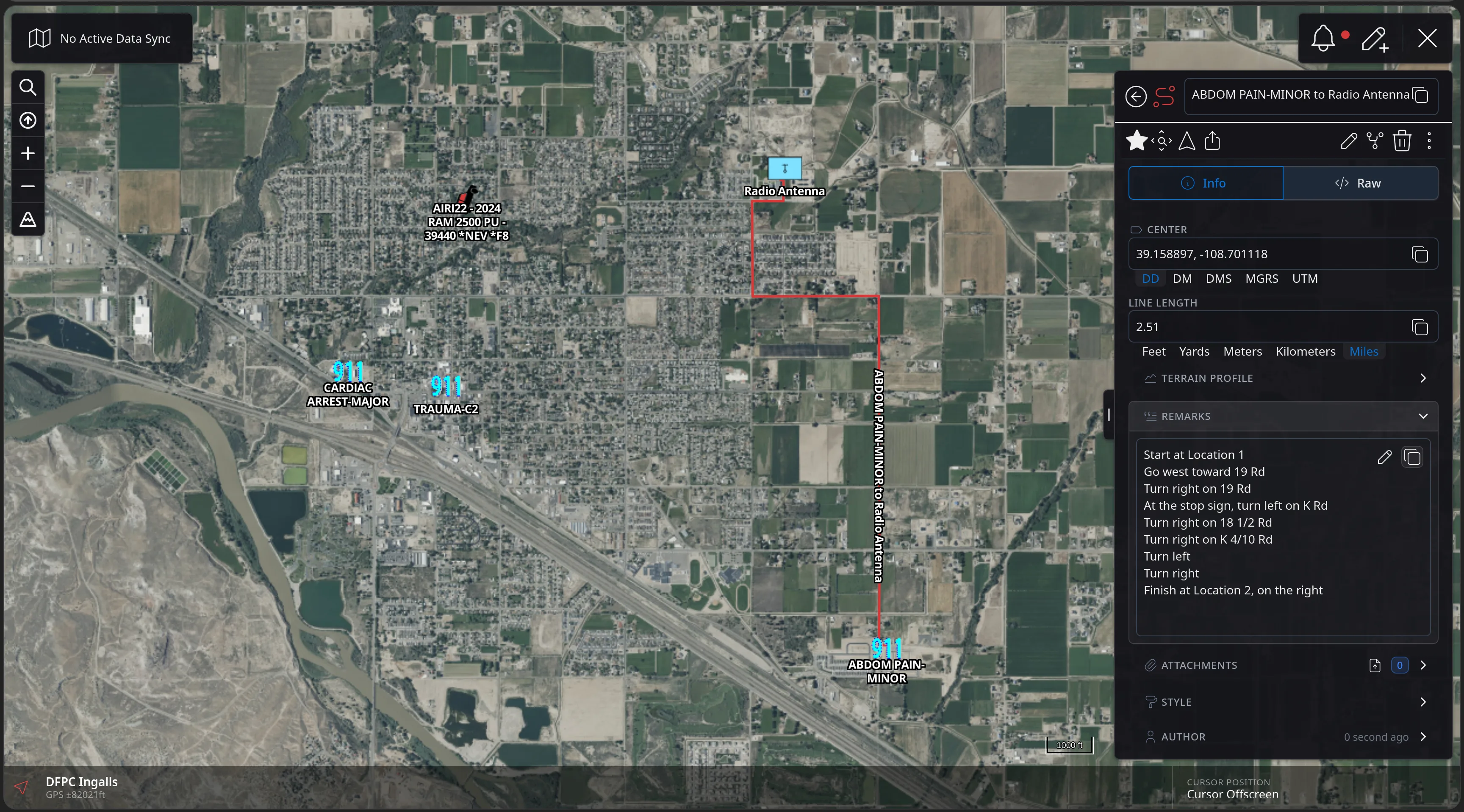 The CloudTAK map showing a red route line from ABDOM PAIN-MINOR to Radio Antenna, with a detail panel listing centre coordinates, a 2.51 mile line length, a terrain profile row, and remarks containing step-by-step directions ending Finish at Location 2, on the right.