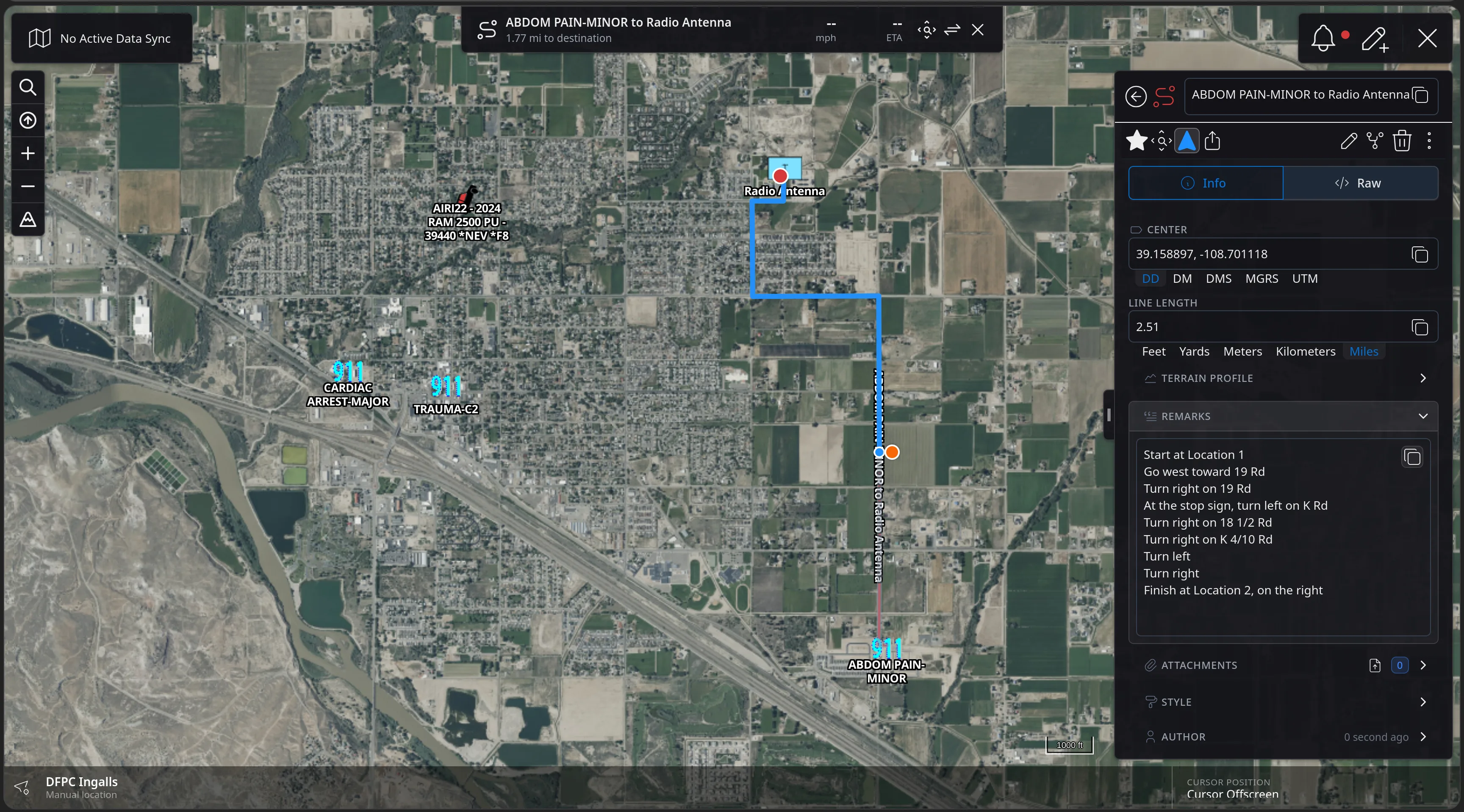 The CloudTAK map in navigation mode with the route line highlighted blue, the operator position snapped to the line by a short connector, and a banner reading ABDOM PAIN-MINOR to Radio Antenna, 1.77 mi to destination, with speed, ETA, reverse and close controls.
