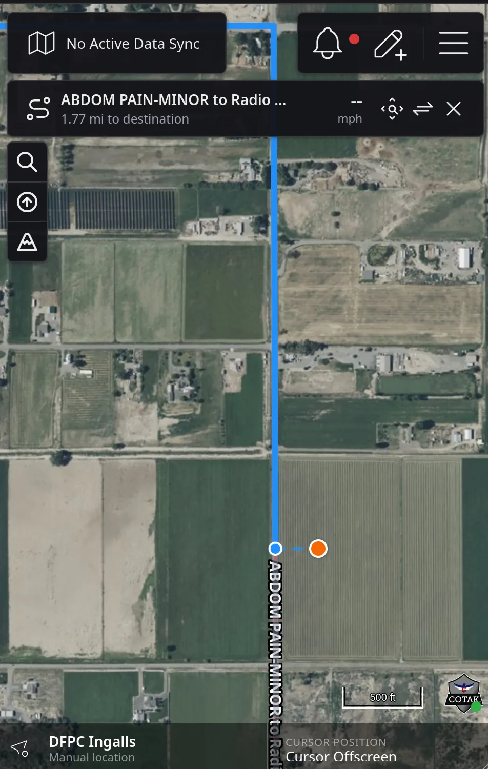CloudTAK at phone width in navigation mode: the ABDOM PAIN-MINOR to Radio Antenna banner reading 1.77 mi to destination above a satellite map with the blue route line and the operator position snapped to it.