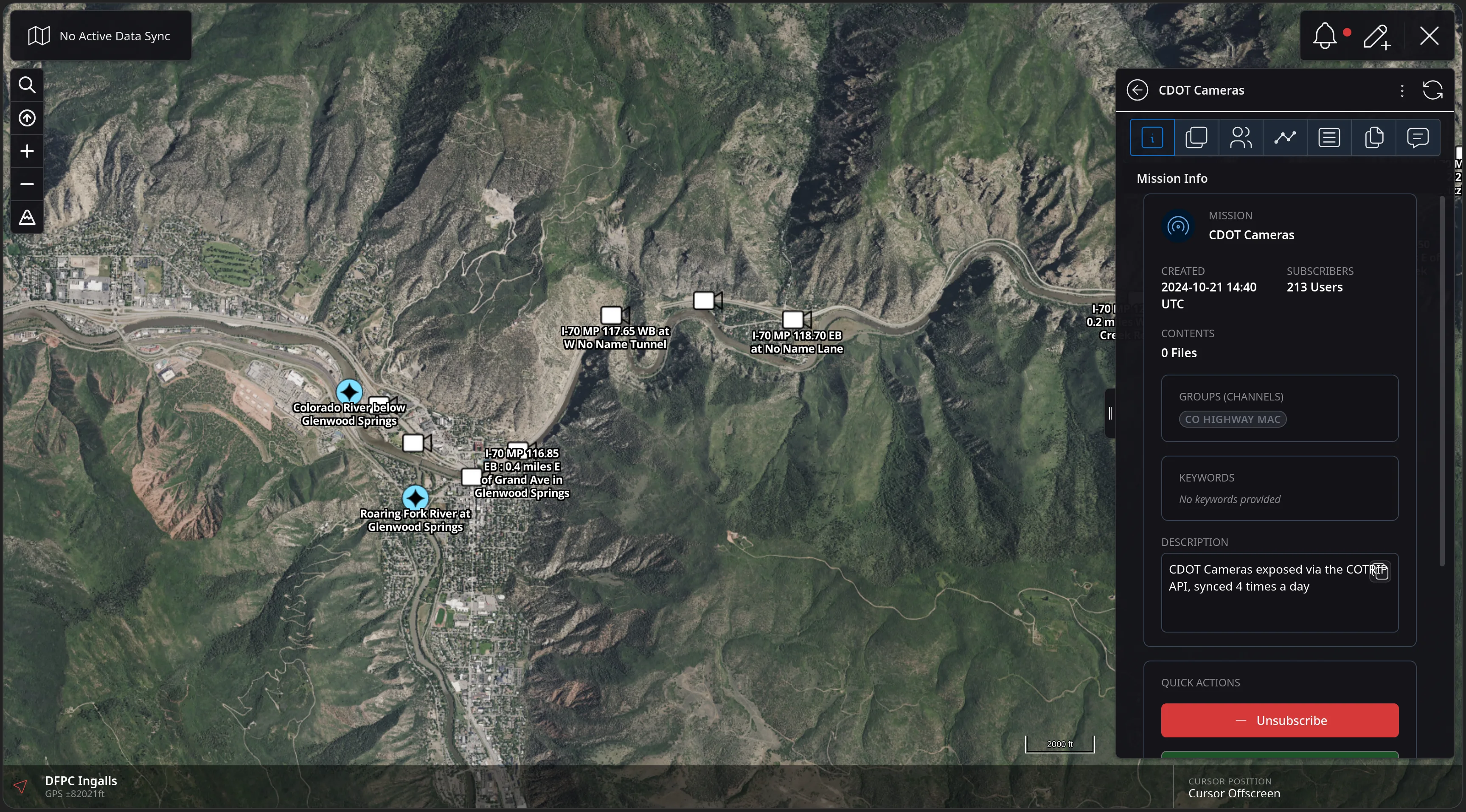 The CDOT Cameras mission panel showing created 2024-10-21, 213 subscribers, the CO HIGHWAY MAC channel, and a description reading CDOT Cameras exposed via the COTRIP API, synced 4 times a day - with camera markers now on the map along I-70.