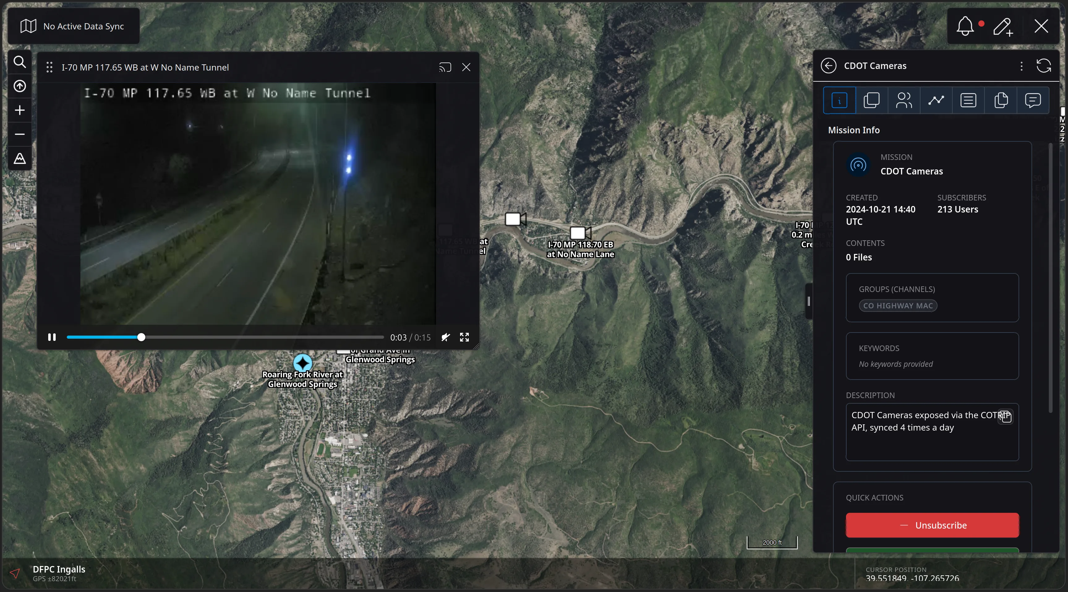 A floating video player over the CloudTAK map playing the I-70 MP 117.65 WB at W No Name Tunnel camera, with a scrub bar reading three seconds of fifteen, and cast and close controls.