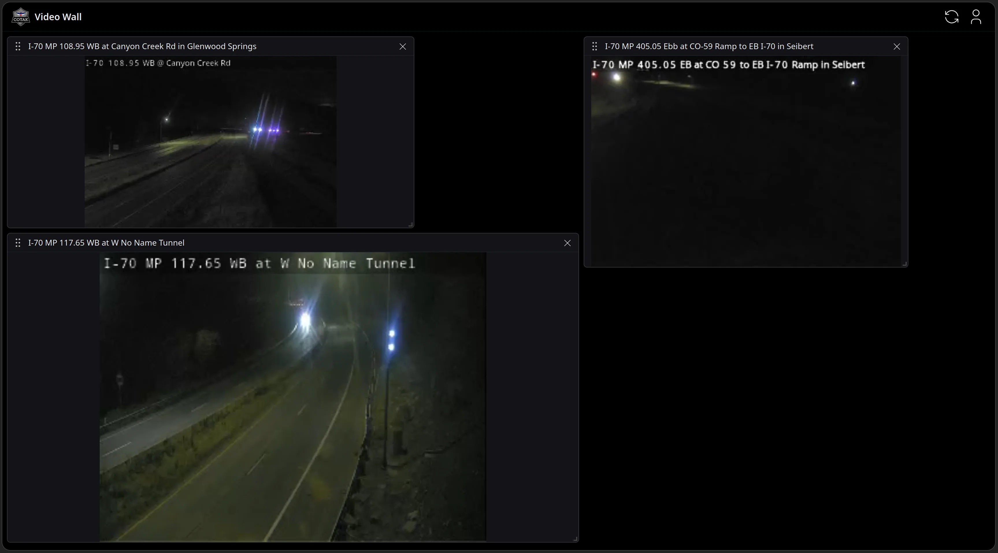 The CloudTAK Video Wall as a full-page dark grid holding three live CDOT night-time highway camera tiles - Canyon Creek Road, the CO-59 ramp at Seibert, and W No Name Tunnel - each re-sizable.
