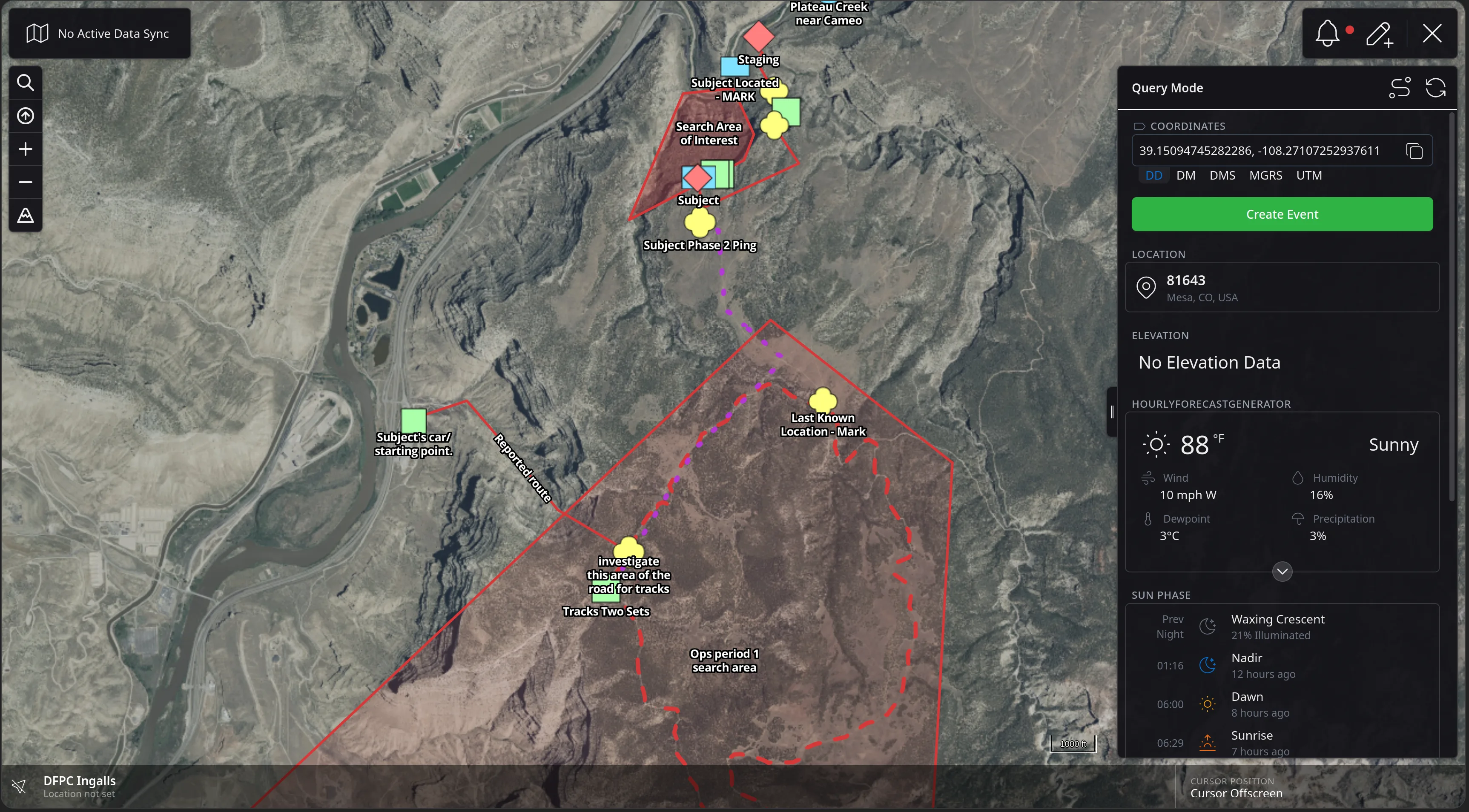 The CloudTAK map over a SAR search area with the Query Mode panel open, showing coordinates in decimal degrees with DD, DM, DMS, MGRS and UTM options, a Create Event button, a reverse-geocoded location of 81643 Mesa, CO, USA, No Elevation Data, and an hourly forecast reading 88 degrees Fahrenheit and Sunny with wind 10 mph W, humidity 16 percent, dewpoint 3 degrees C and precipitation 3 percent.